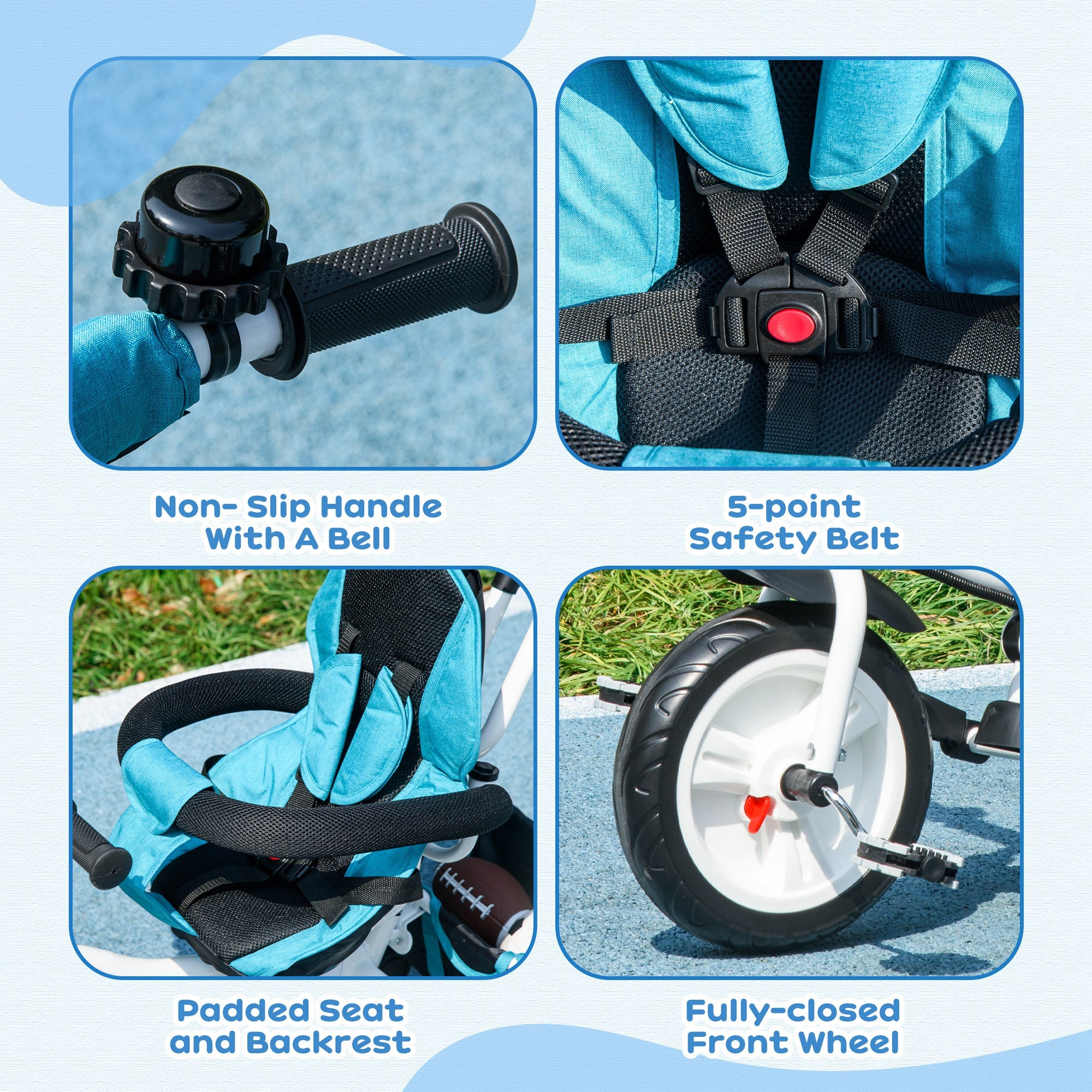 HOMCOM 6 in 1 Kids Trike Push Bike w/ Push Handle, Canopy, 5-point Safety Belt, Storage, Footrest, Brake, for 1-5 Years, Blue - North Peak Garden Furniture