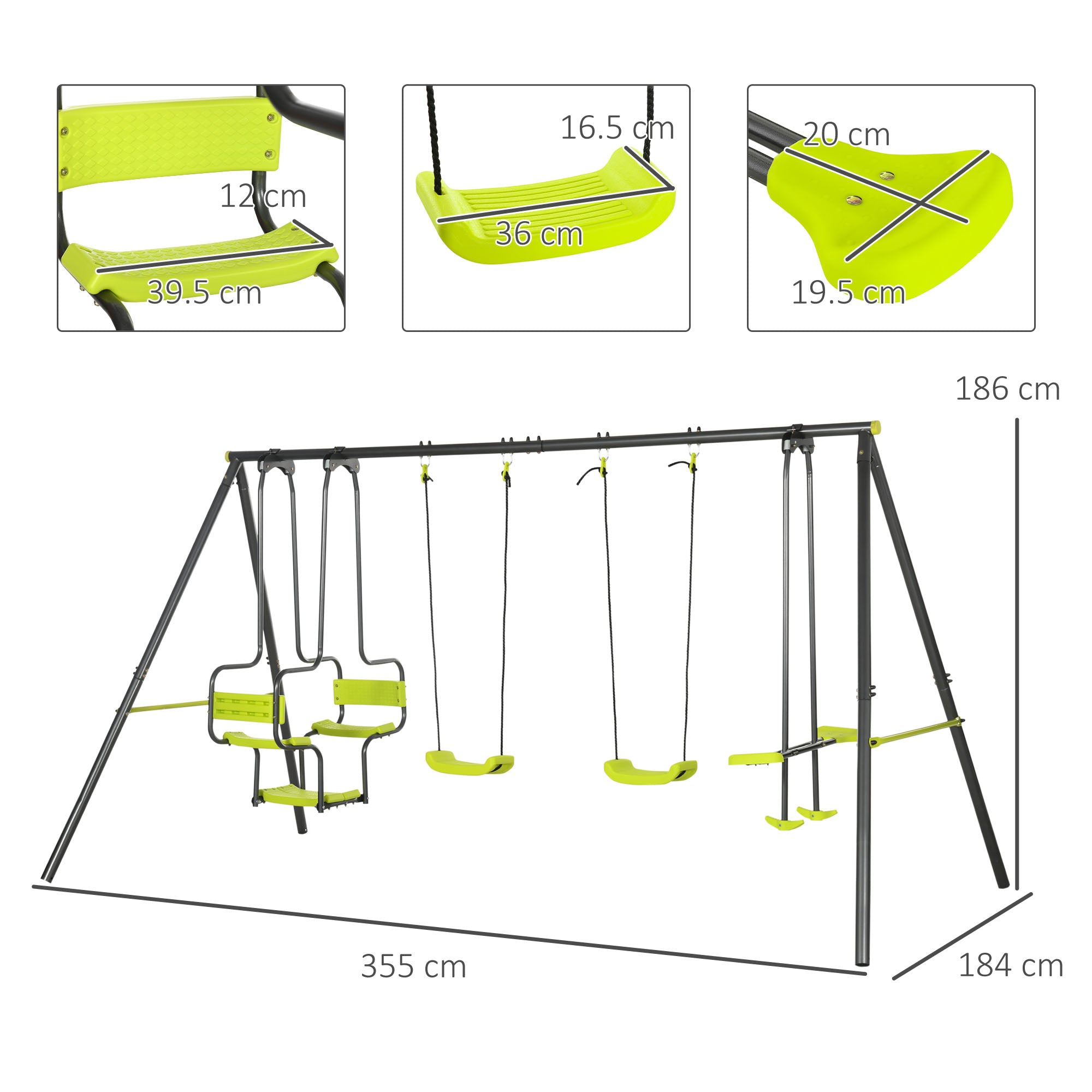 Outsunny Metal Garden Swing Set with Double Swings, Glider, Swing Seats - Green - North Peak Garden Furniture
