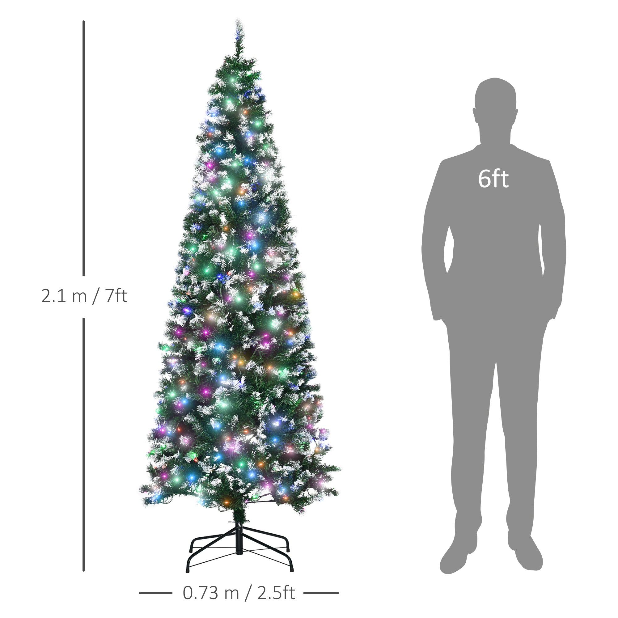 HOMCOM 7FT Tall Prelit Pencil Slim Artificial Christmas Tree with Realistic Branches, 350 Colourful LED Lights and 818 Tips, Xmas Decoration, Green