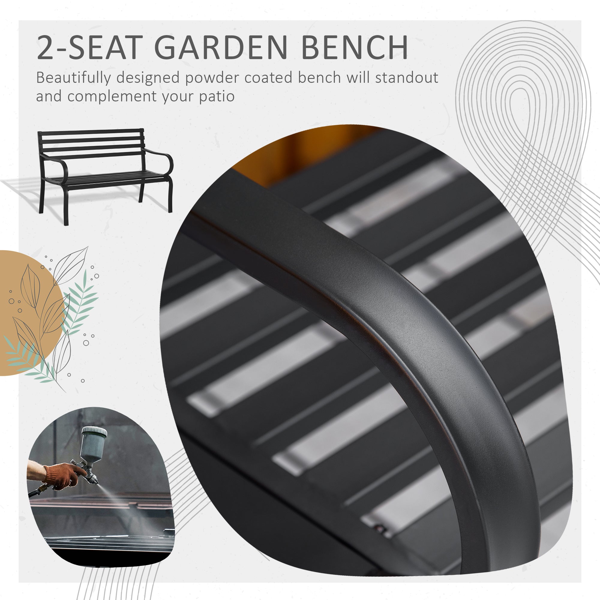 Outsunny Stylish 2 Seater Metal Garden Porch Chair Bench Stable Patio Outdoor Park Metal Bench - Black - North Peak Garden Furniture