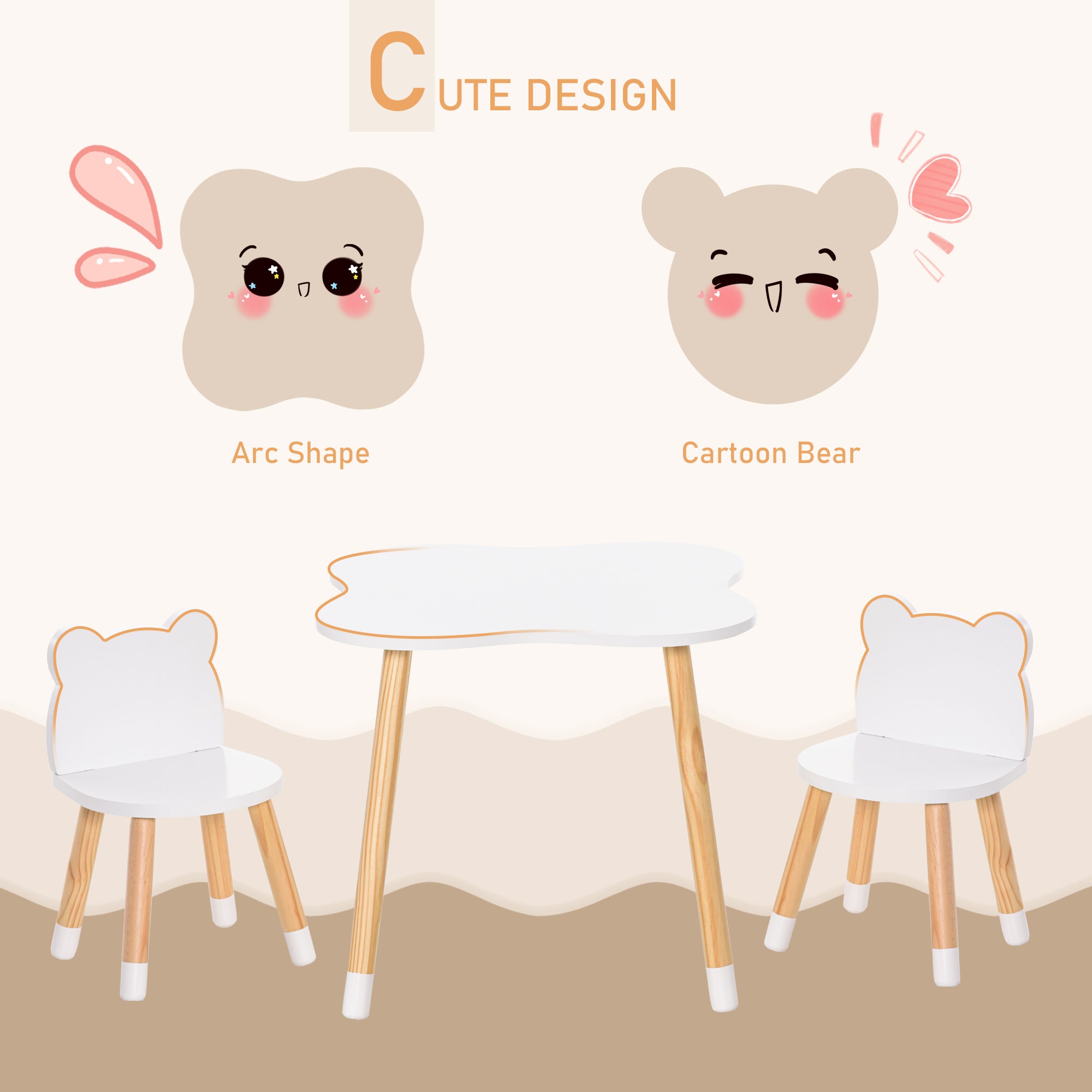 HOMCOM 3-Piece Kids Table and Chair Set with 2 Bear-Shaped Chairs, for Ages 1-4 Years, White - North Peak Garden Furniture
