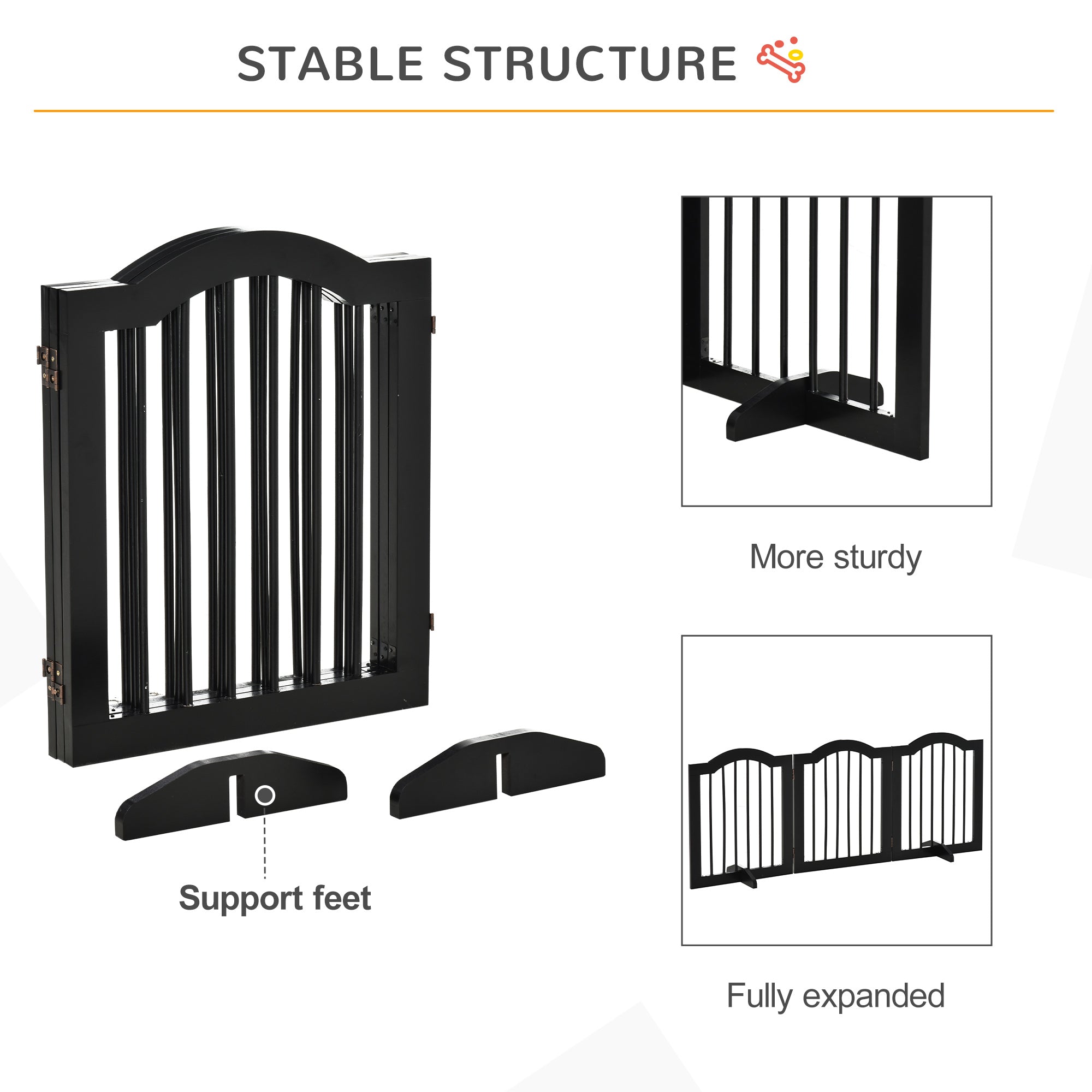 PawHut Freestanding Pet Gate Wooden Dog Gate with Support Feet Foldable Pet Fence Safety Barrier for the House Doorway Stairs Black - North Peak Garden Furniture