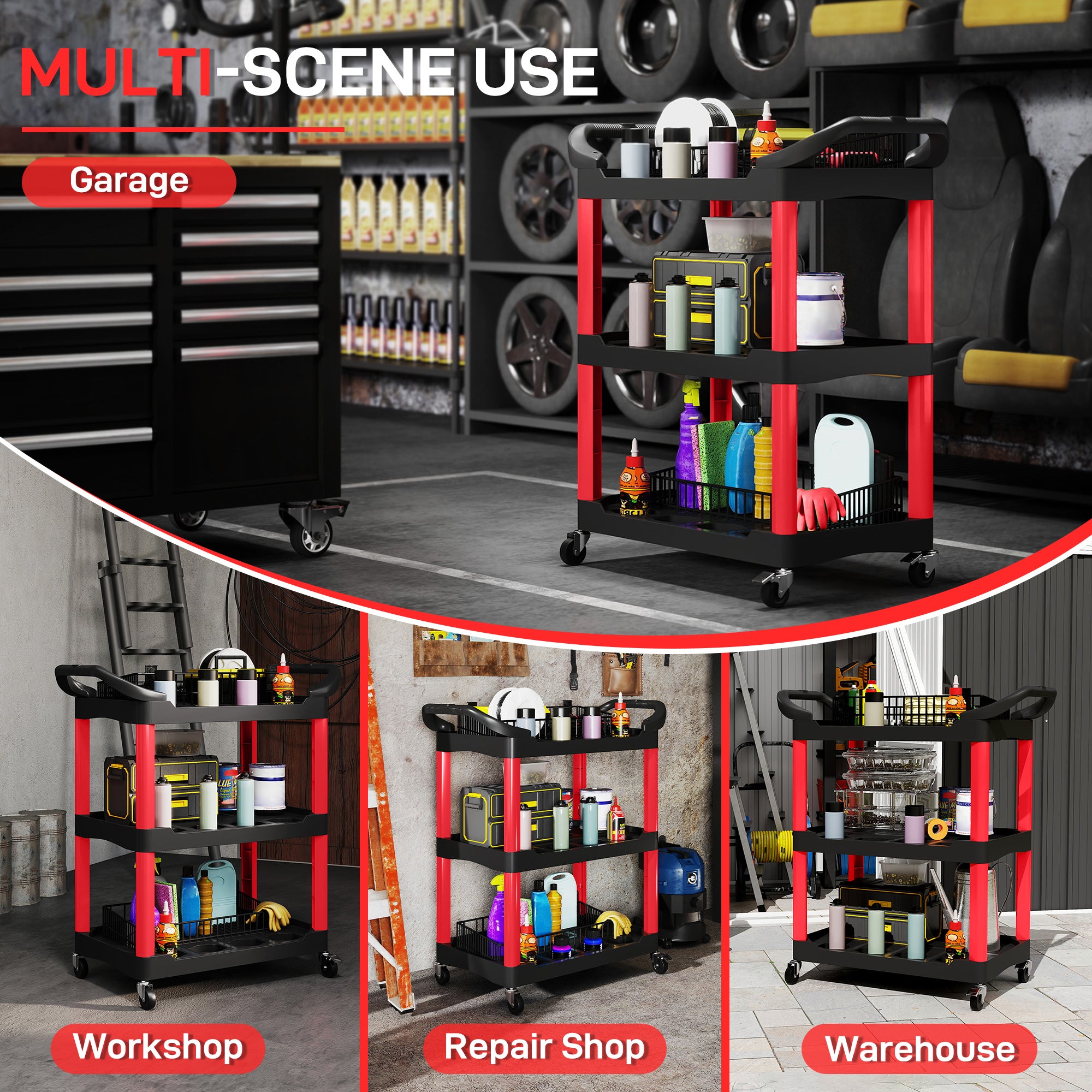 HOMCOM 3-Tier Rolling Tool Cart, Tool Trolley on Wheels, Plastic Mobile Service Utility Cart with Handles for Garage, Mechanics and Warehouse, 91kg Capacity, Black and Red