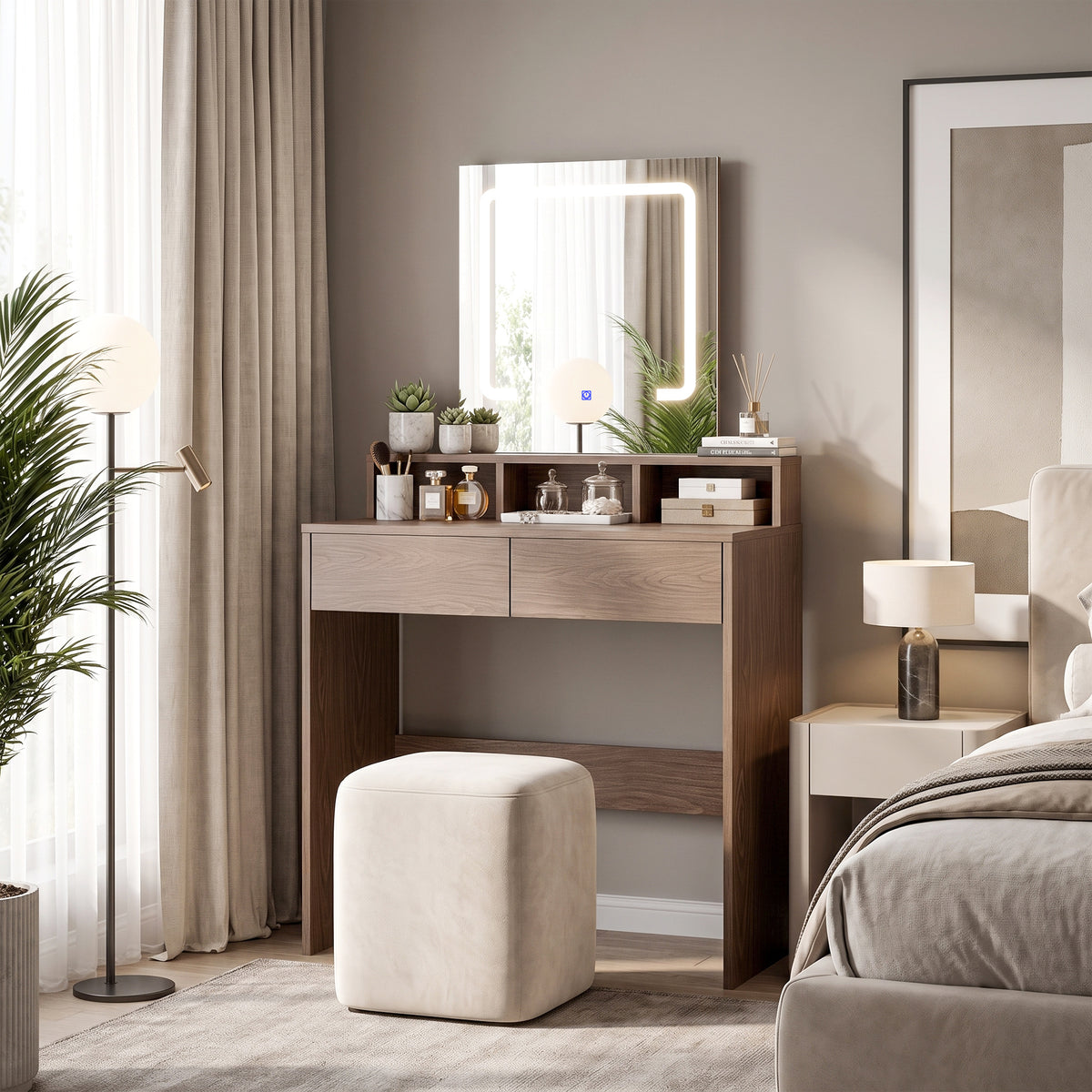 HOMCOM Vanity Table, Dressing Table with Mirror, LED Lights, 2 Drawers, 3 Compartments, 3 Colour Lighting, Walnut