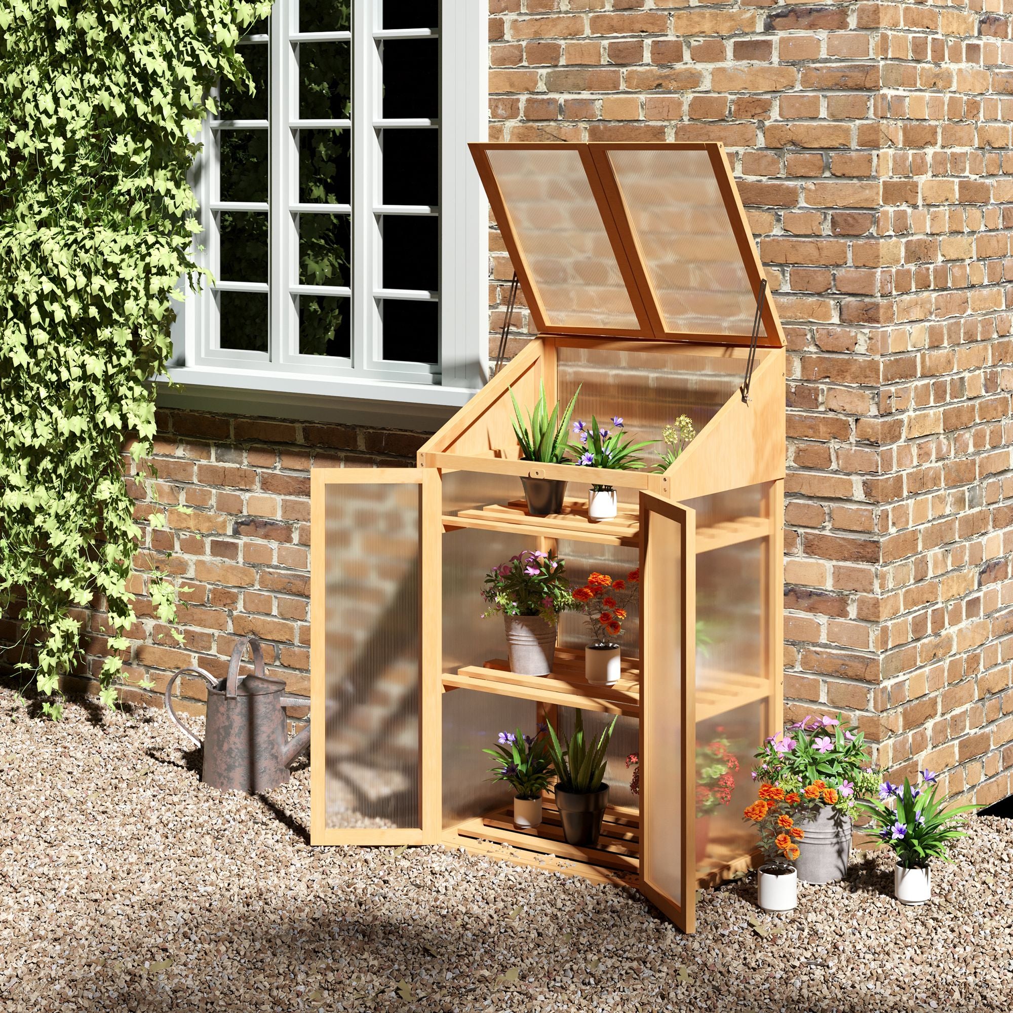 Outsunny Wooden Cold Frame Polycarbonate Greenhouse with Openable Top Cover and Double Door, Grow House for Flower, Vegetable and Plants, 70 x 50 x 120cm, Grey - North Peak Garden Furniture