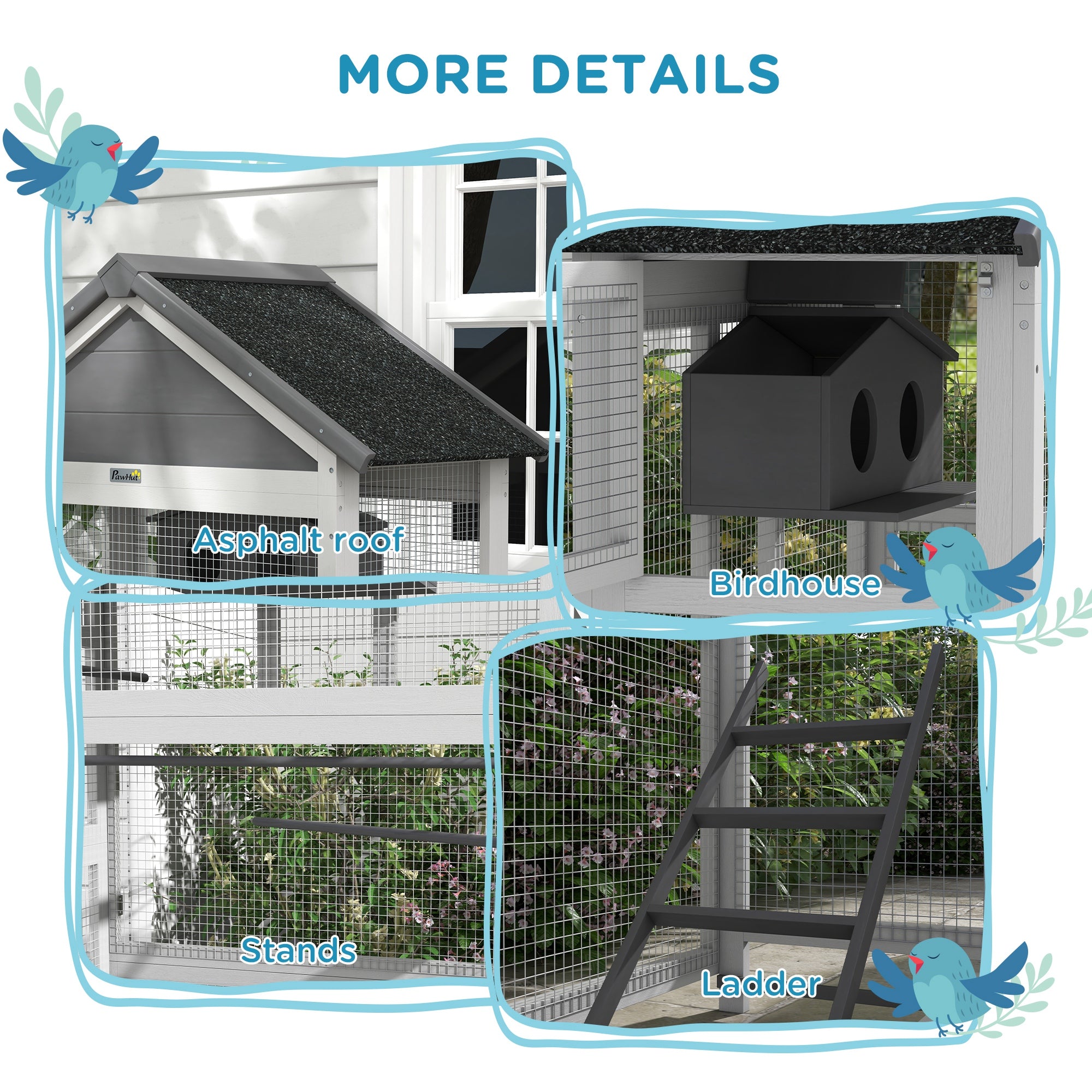 PawHut Wooden Bird Cage, with Stand, for Finches, Parakeets, Small birds - Grey - North Peak Garden Furniture