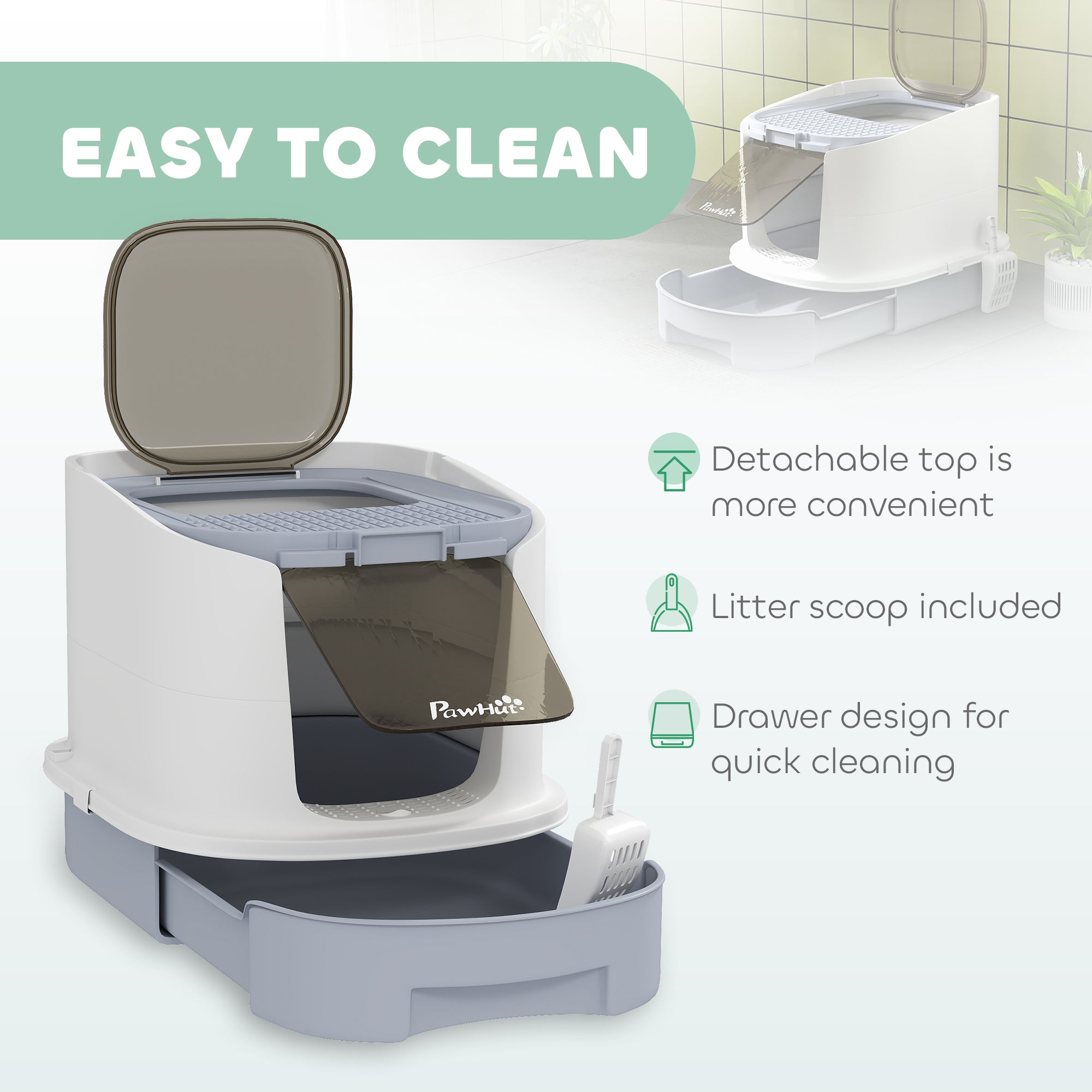 PawHut Cat Litter Box with Lid, Scoop, Deodorization Bags, Top Entry, Cat Toilet Easy Clean with Drawer Pan, Grey