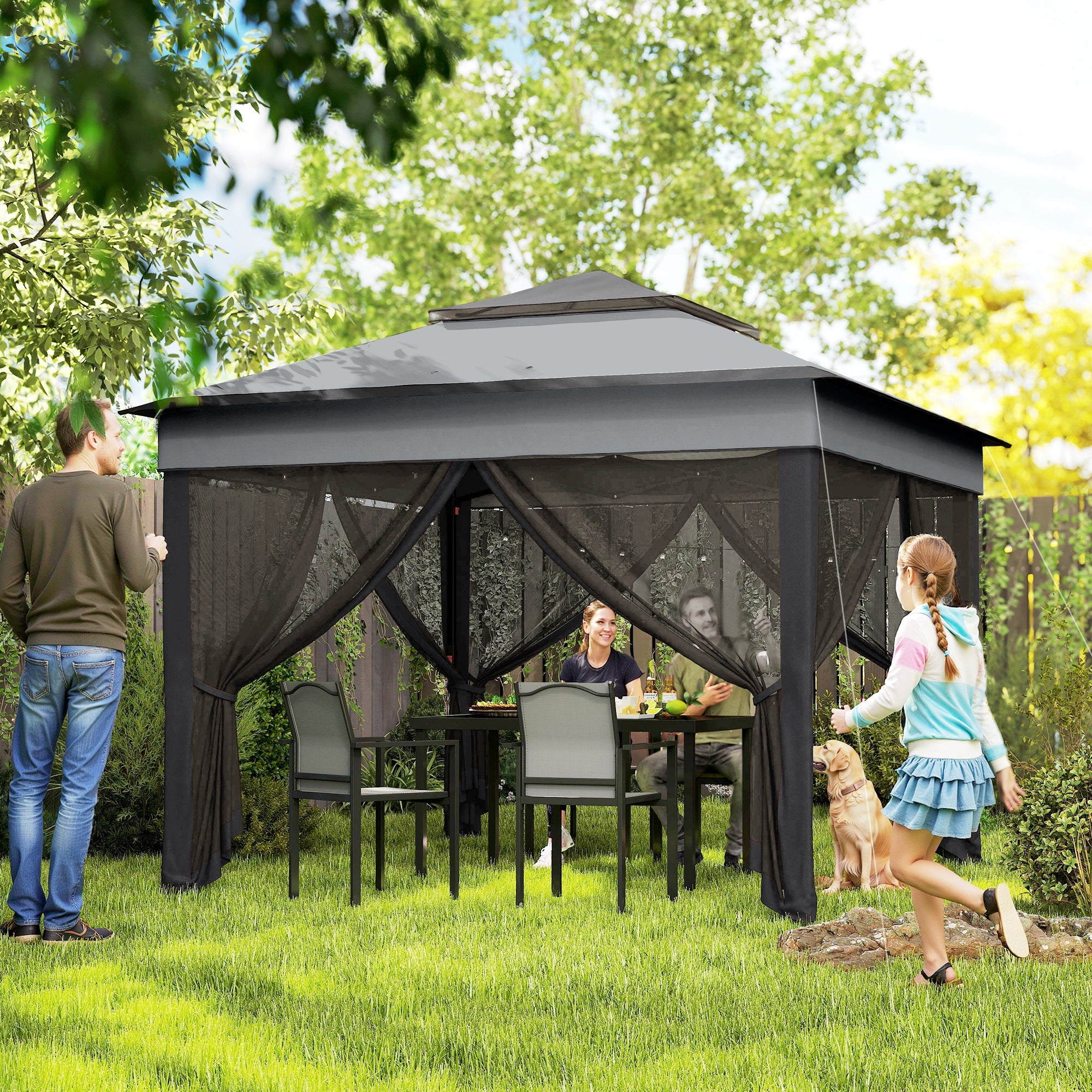 Outsunny 3 x 3(m) Pop Up Gazebo, Height Adjustable Instant Event Shelter with Netting and Carrying Bag, Grey - North Peak Garden Furniture