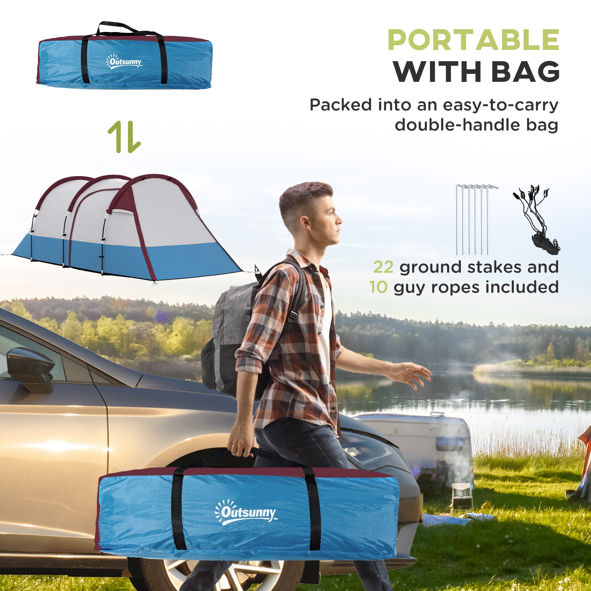 Outsunny Camping Tent, Large Tunnel Tent with Bedroom and Living Area, 2000mm Waterproof, Portable with Bag for 2-3 Man, Red - North Peak Garden Furniture