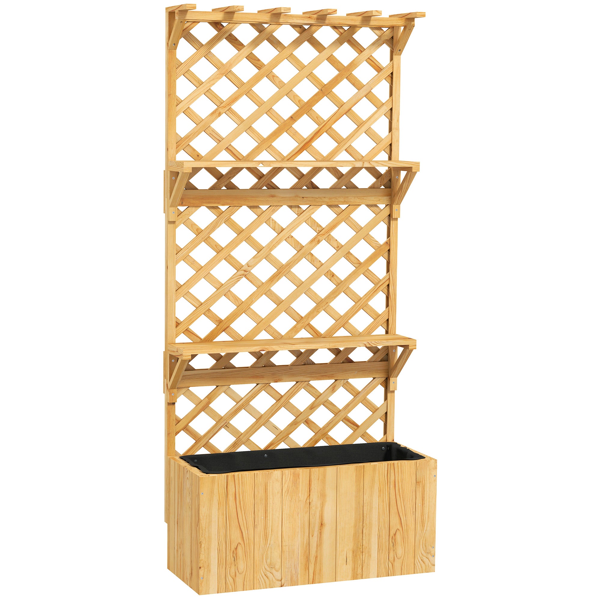 Outsunny 52L Wooden Planter, with Trellis and Shelves - Natural Finish