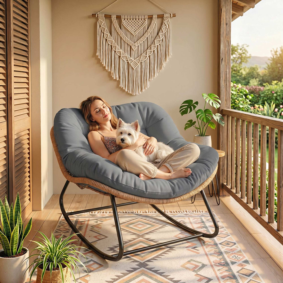 Outsunny Indoor Outdoor Rocking Chair, Oversized Rocking Egg Chair with Cushion for Living Room, Garden, Patio, Grey