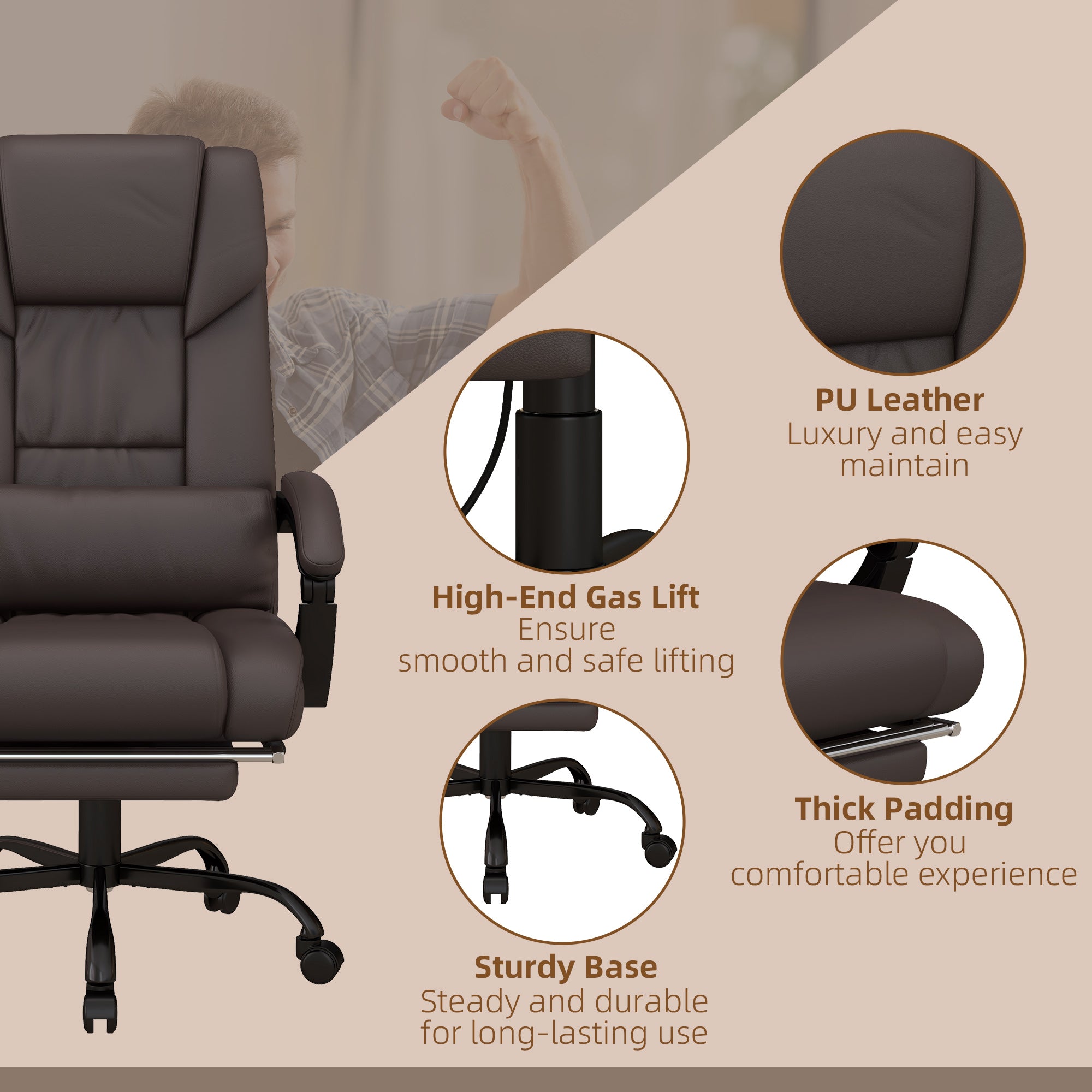 Vinsetto 6-Point Massage Office Chair, PU Leather Desk Chair with Adjustable Height and Footrest for Home Office, Brown - North Peak Garden Furniture