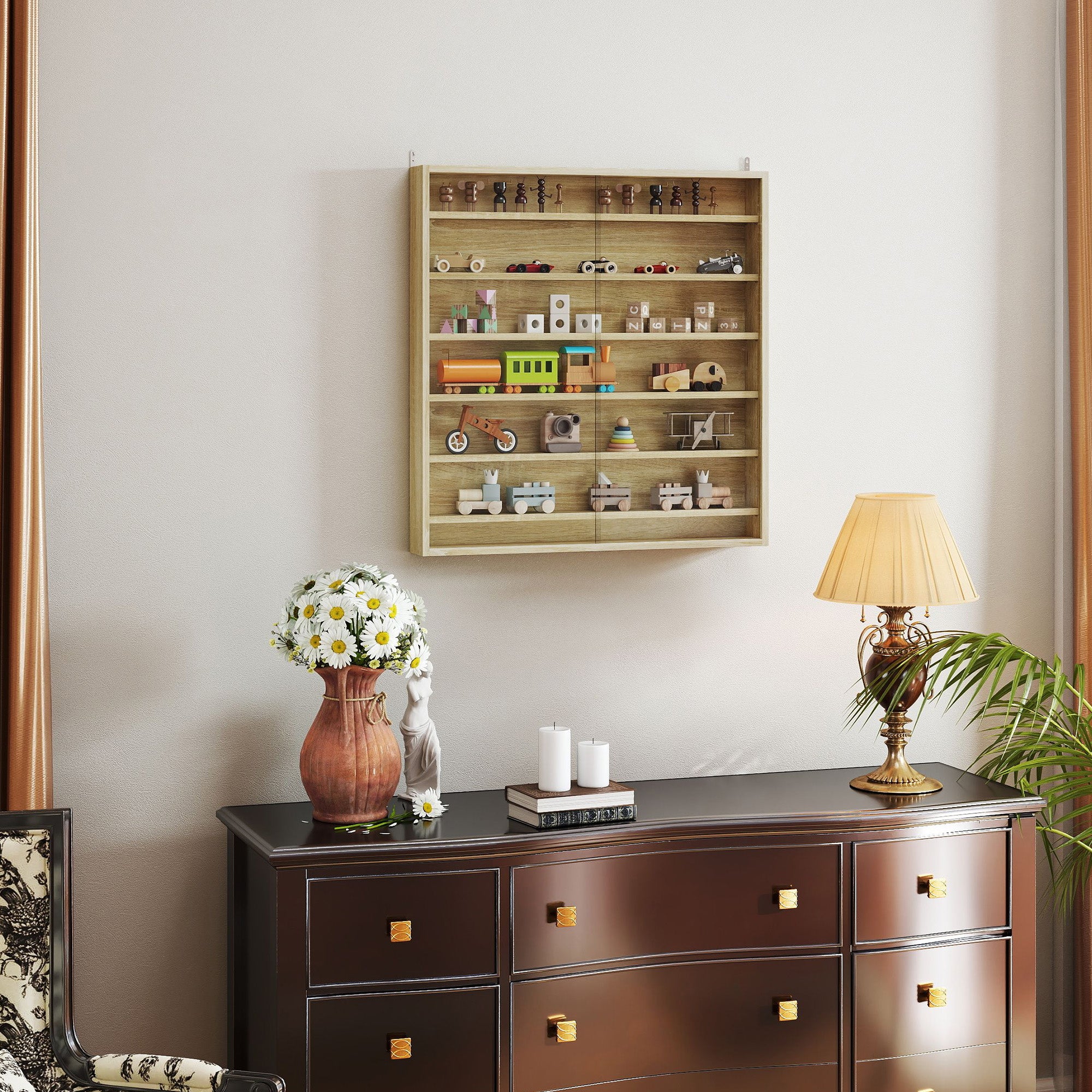 HOMCOM Six Shelf Display Cabinet, with Glass Doors - Oak - North Peak Garden Furniture