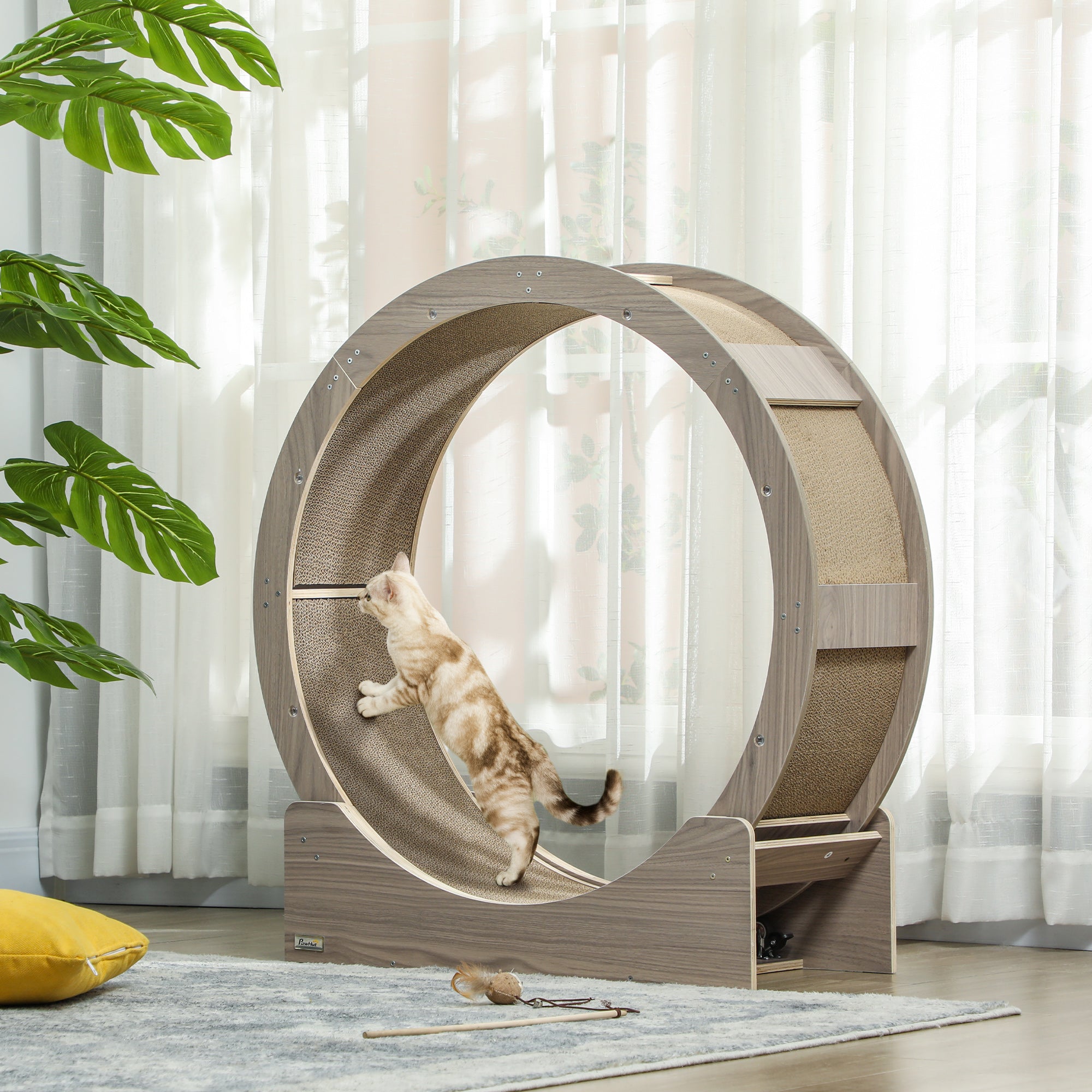 PawHut Cat Wheel with Brake, Scratching Pads - Walnut Brown - North Peak Garden Furniture