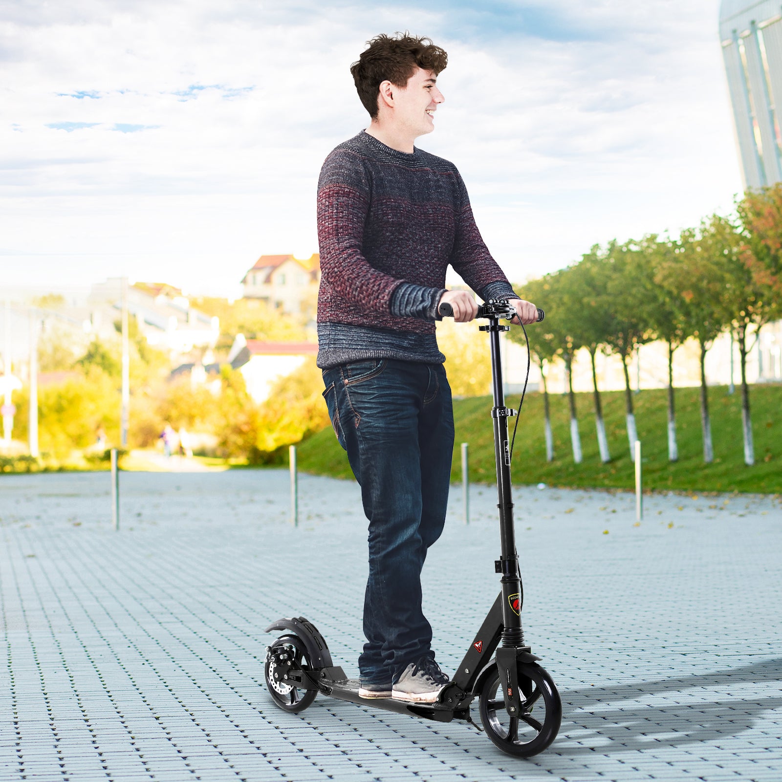 HOMCOM Kick Scooter, Folding 2 Wheel Scooter for 14+ Teens Adults, with Dual Brake System, Dual Suspension, 230mm Big Wheels, 3 Adjustable Handlebar, up to 100KG, Black - North Peak Garden Furniture