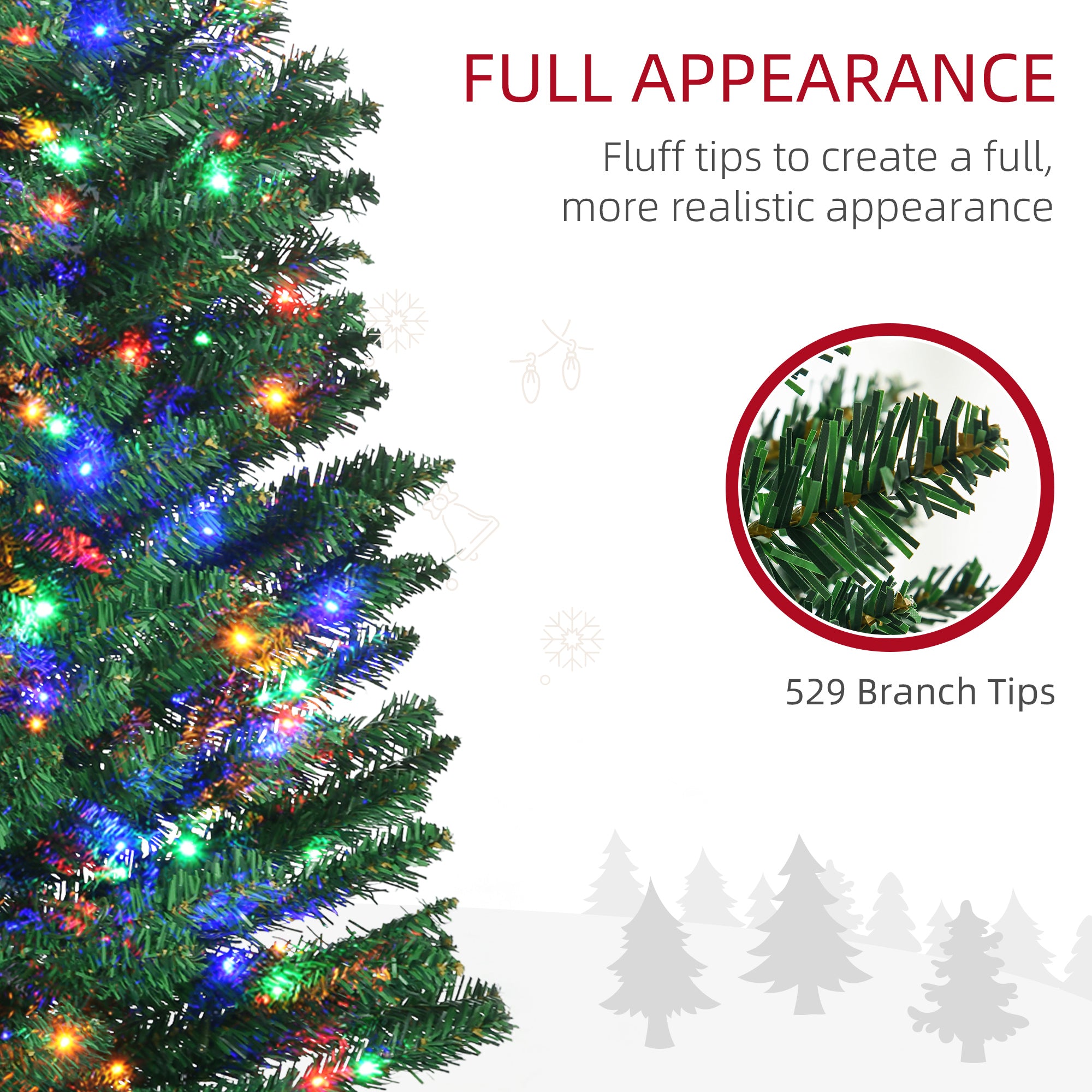 HOMCOM 7.5' Artificial Prelit Christmas Trees Holiday Décor with Colourful LED Lights, Pencil Shape, Steel Base - North Peak Garden Furniture