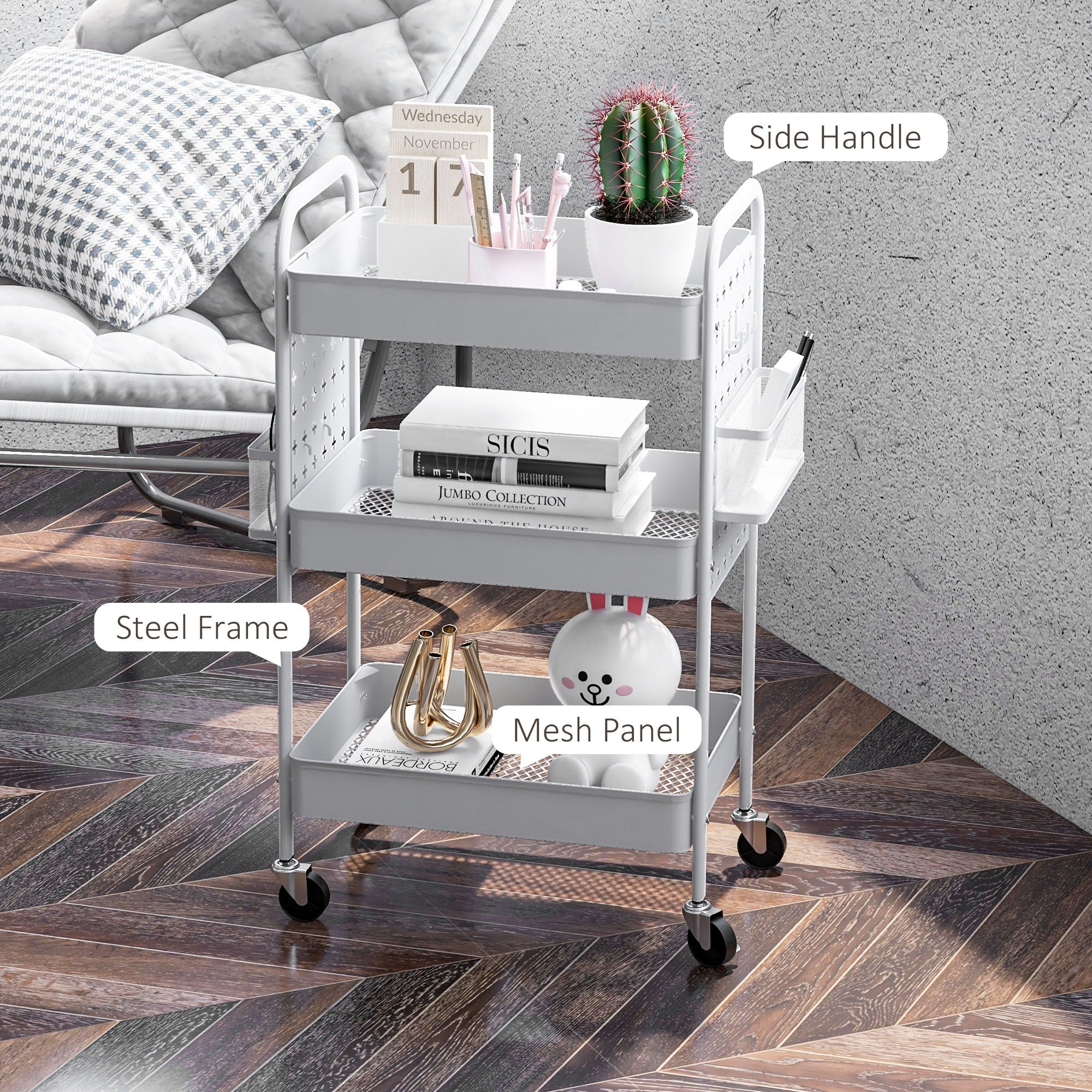 HOMCOM 3-tier Storage Trolley on Wheels, Rolling Utility Serving Cart with 3 Mesh Baskets, 2 Hanging Boxes and 6 Hooks for Living Room, Kitchen, White - North Peak Garden Furniture
