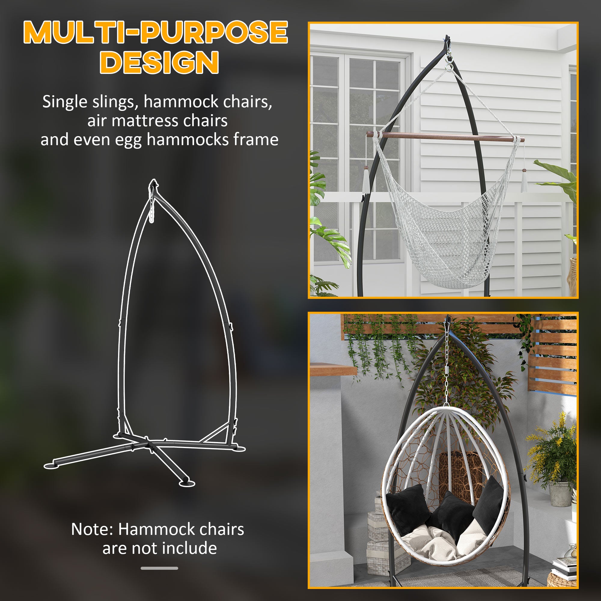 Outsunny Hammock Chair Stand, Hanging Heavy Duty Metal Frame Hammock Stand with Chain, for Hanging Hammock Air Porch Swing Chair, Egg Cahir, Indoor & Outdoor Use, Black - North Peak Garden Furniture