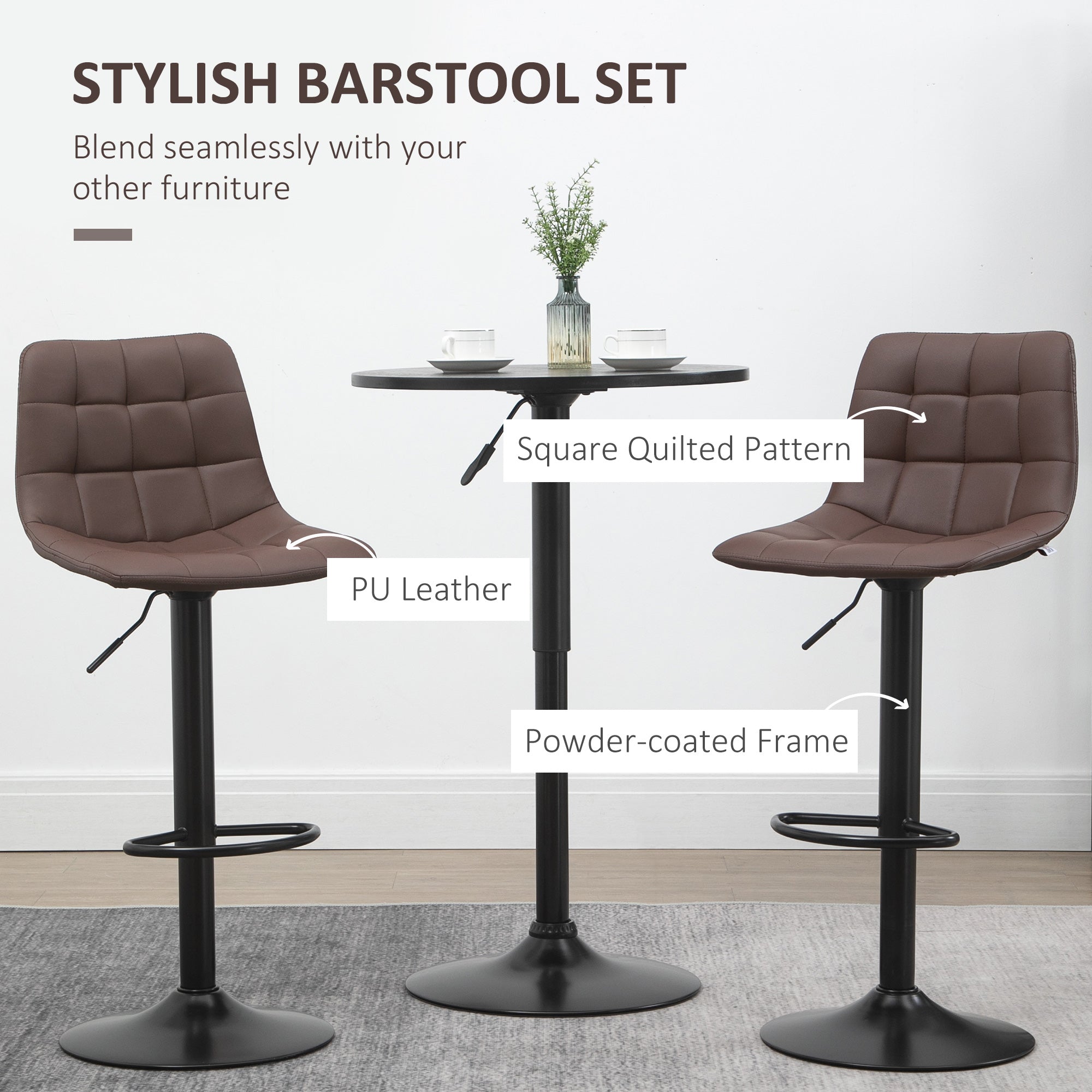 HOMCOM Adjustable Bar Stools Set of 2, Swivel PU Leather Upholstered Barstools with Tufted Seat and Back, Breakfast Bar Chairs for Kitchen Counter, Brown - North Peak Garden Furniture