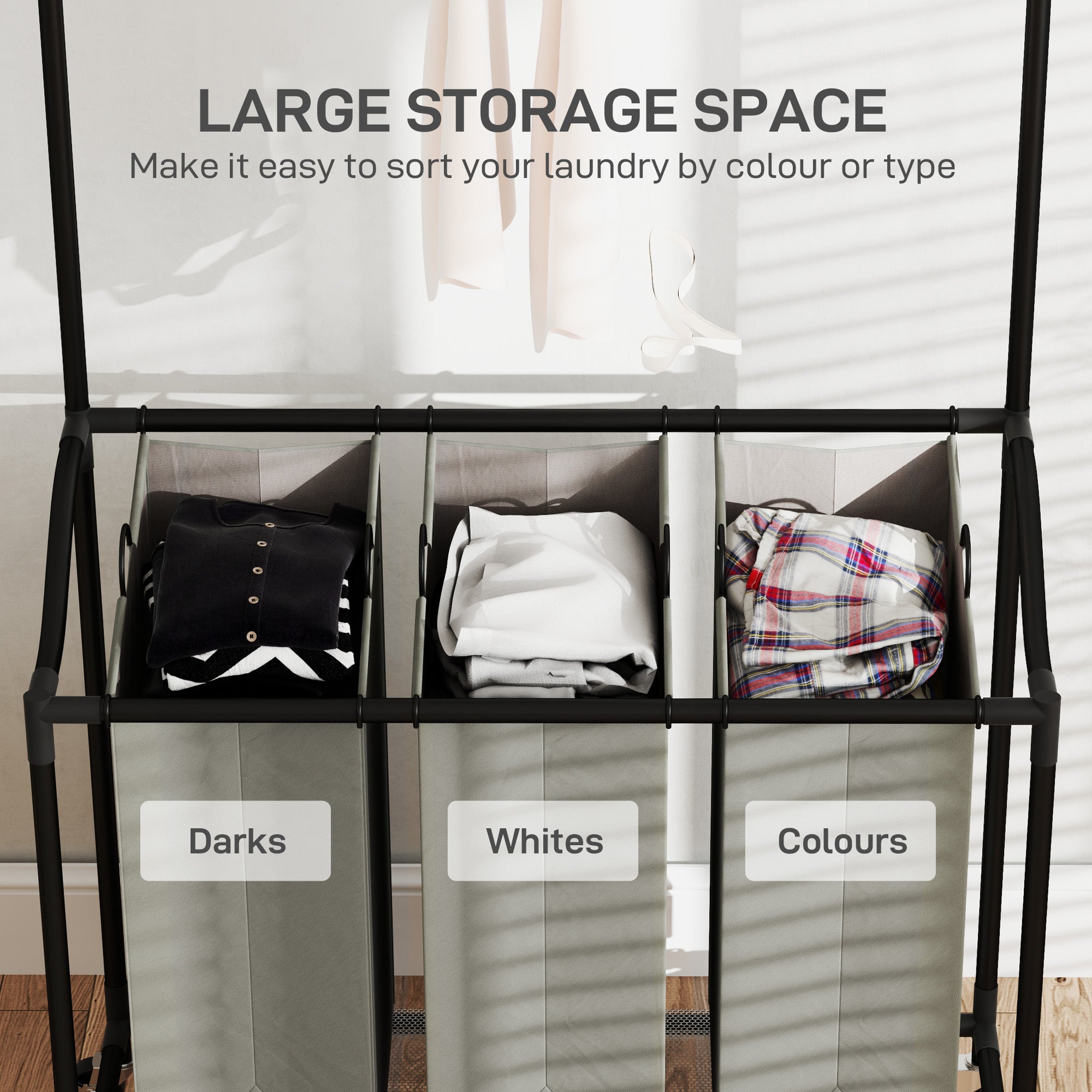 HOMCOM 126L Laundry Sorter, Rolling Wash Basket with Hanging Rail and Mobile 3-Bag Organiser for Bedroom, Bathroom, Laundry Room, 88-149.5L x 40W x 167H cm, Dark Grey - North Peak Garden Furniture