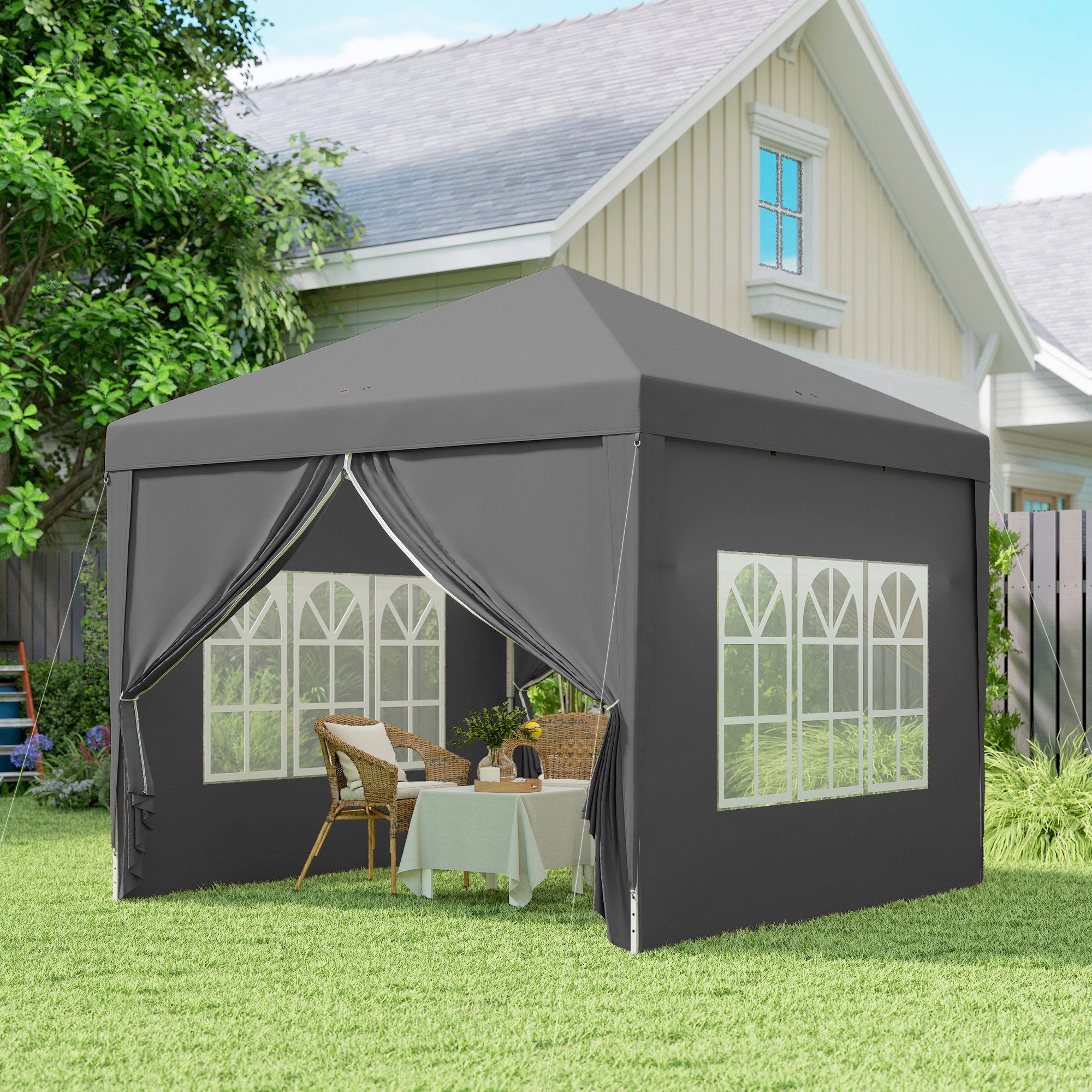Outsunny 3 x 3 Meters Pop Up Water Resistant Gazebo Wedding Camping Party Tent Canopy Marquee with Carry Bag and 2 Windows, Grey