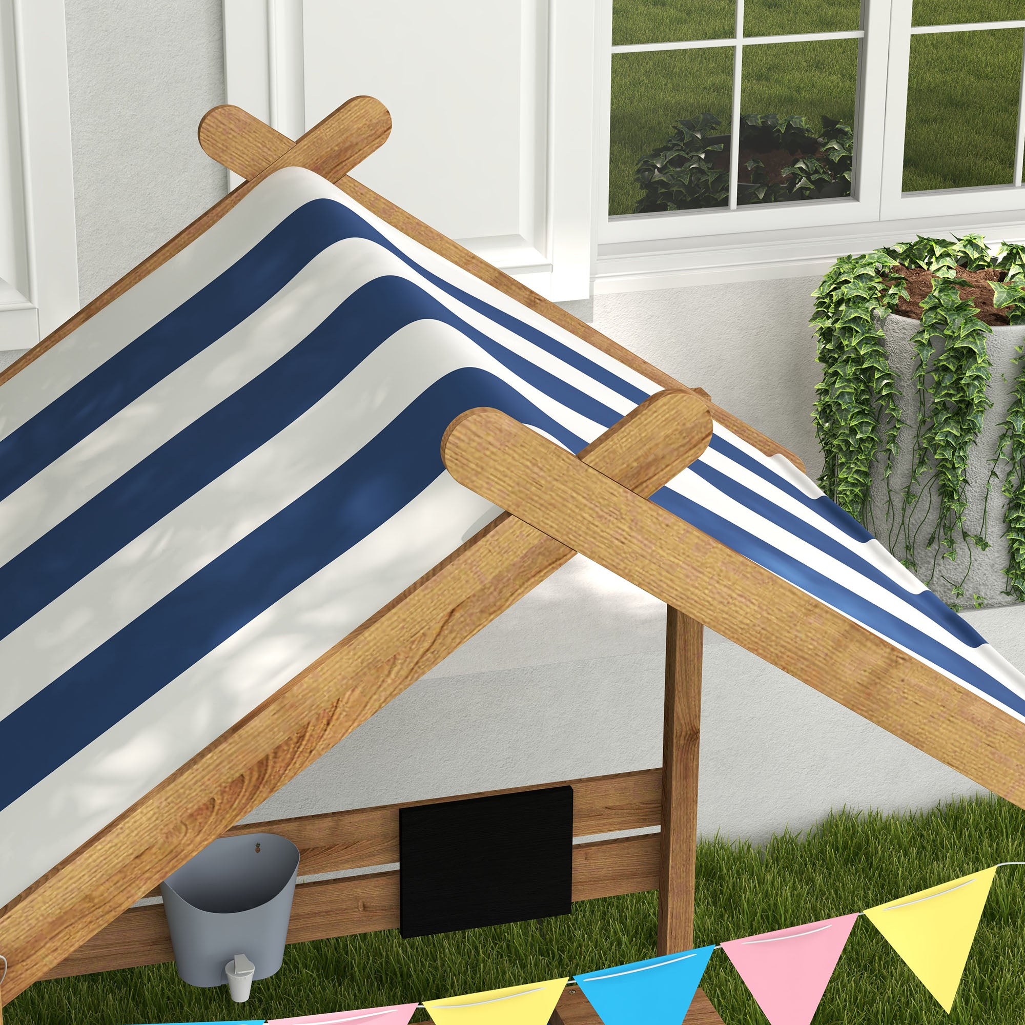 Outsunny House-Designed Wooden Sandbox, Outdoor Sandpit, with Blackboard, Toys, Sink, Seats, Flags, for Ages 3-7 Years - Brown - North Peak Garden Furniture