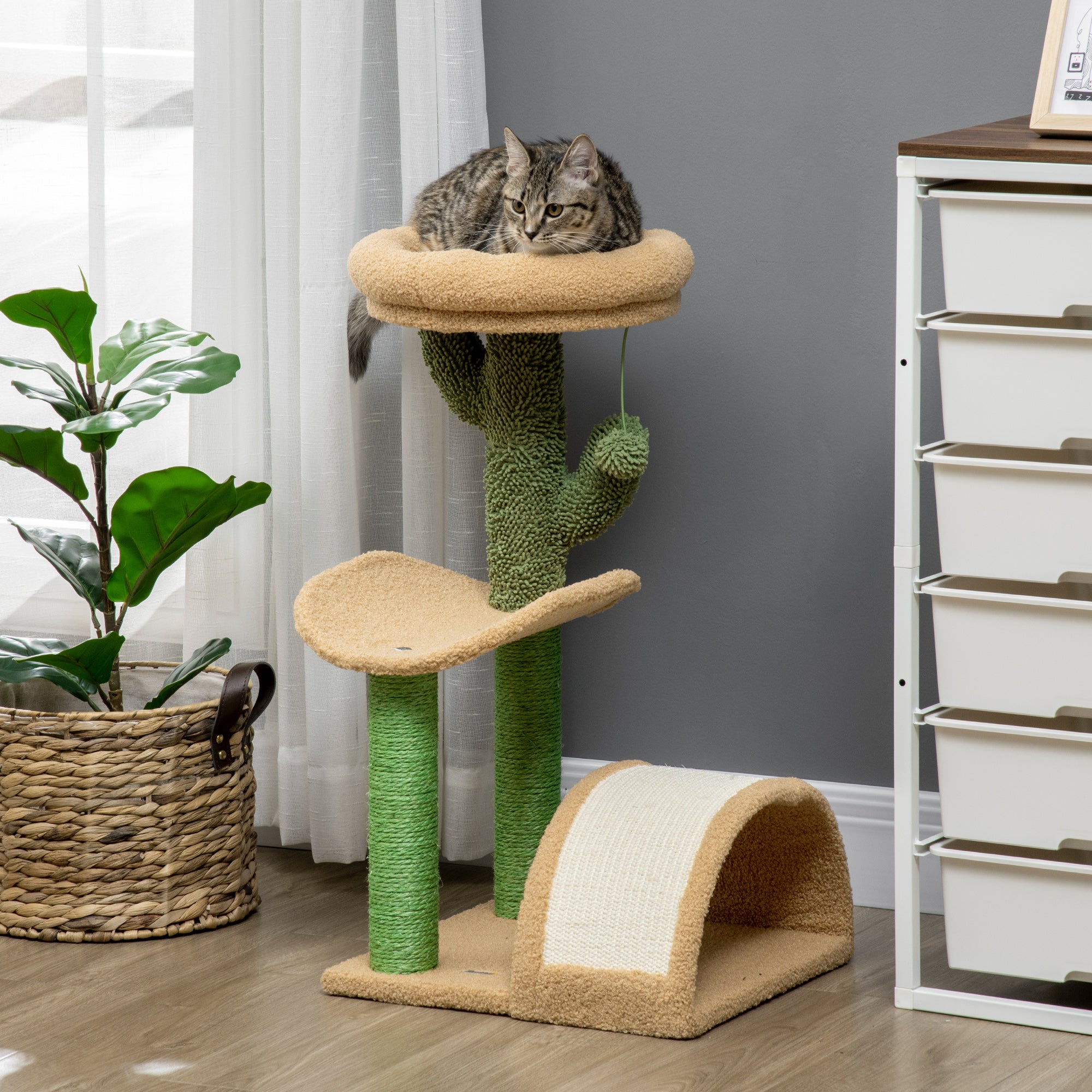 PawHut Wooden Cat Tree, 72cm Kitty Activity Centre, Climbing Toy with Bed, Ball, Sisal Scratching Post, Curved Pad, Yellow | Aosom UK