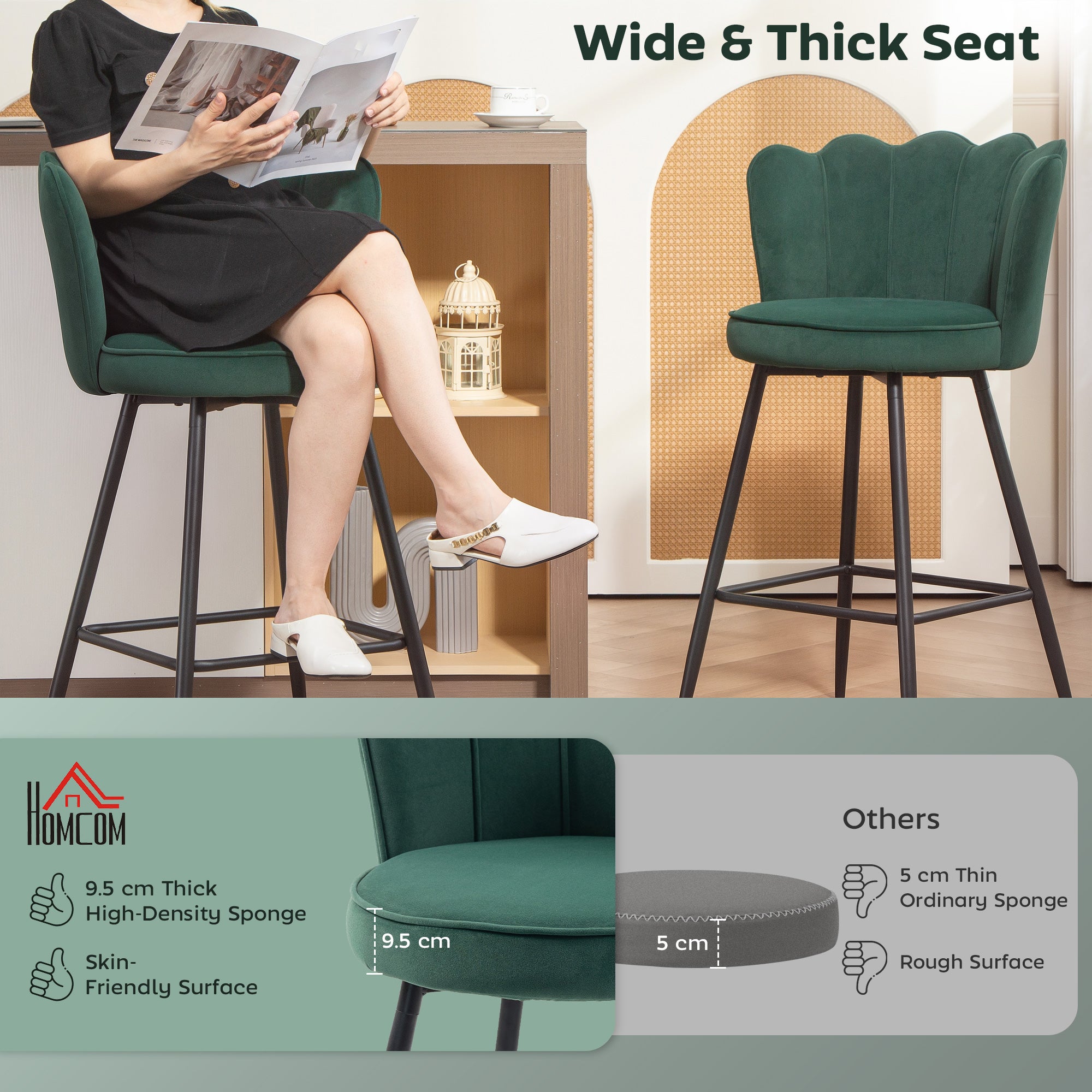 HOMCOM Set of Two Velvet-Feel Lotus Bar Stools - Dark Green