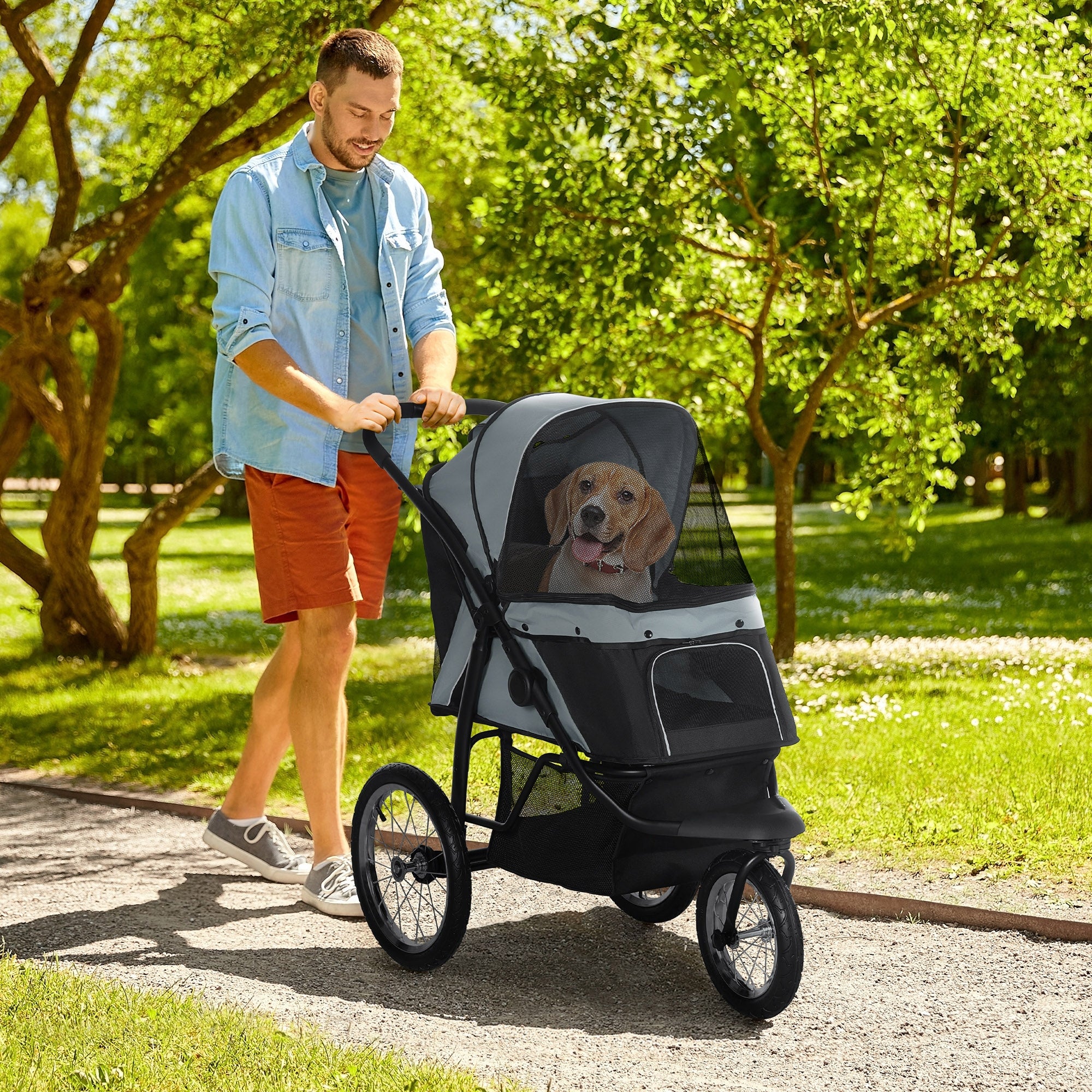 PawHut Dog Pram Dog Stroller Jogger Foldable Pet Pushchair for Medium, Small Dogs, w/ Rubber Wheels, Washable Cushion - Grey - North Peak Garden Furniture