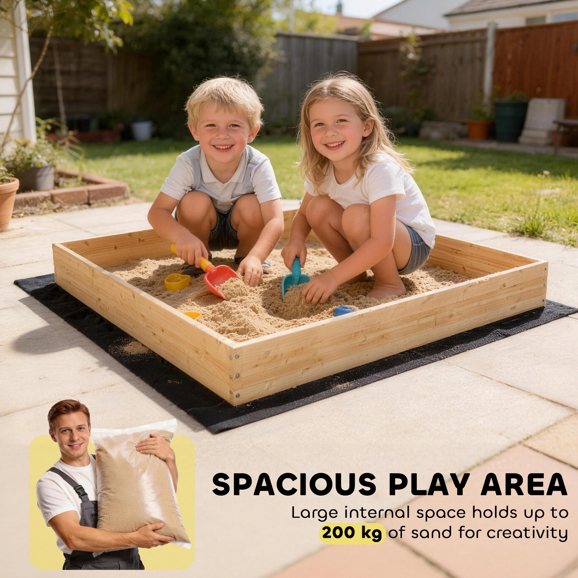 AIYAPLAY Wooden Sand Pit with Digger, Kids Sandbox Outdoor, SandPit with 360° Swivel Seat and Bottom Liner