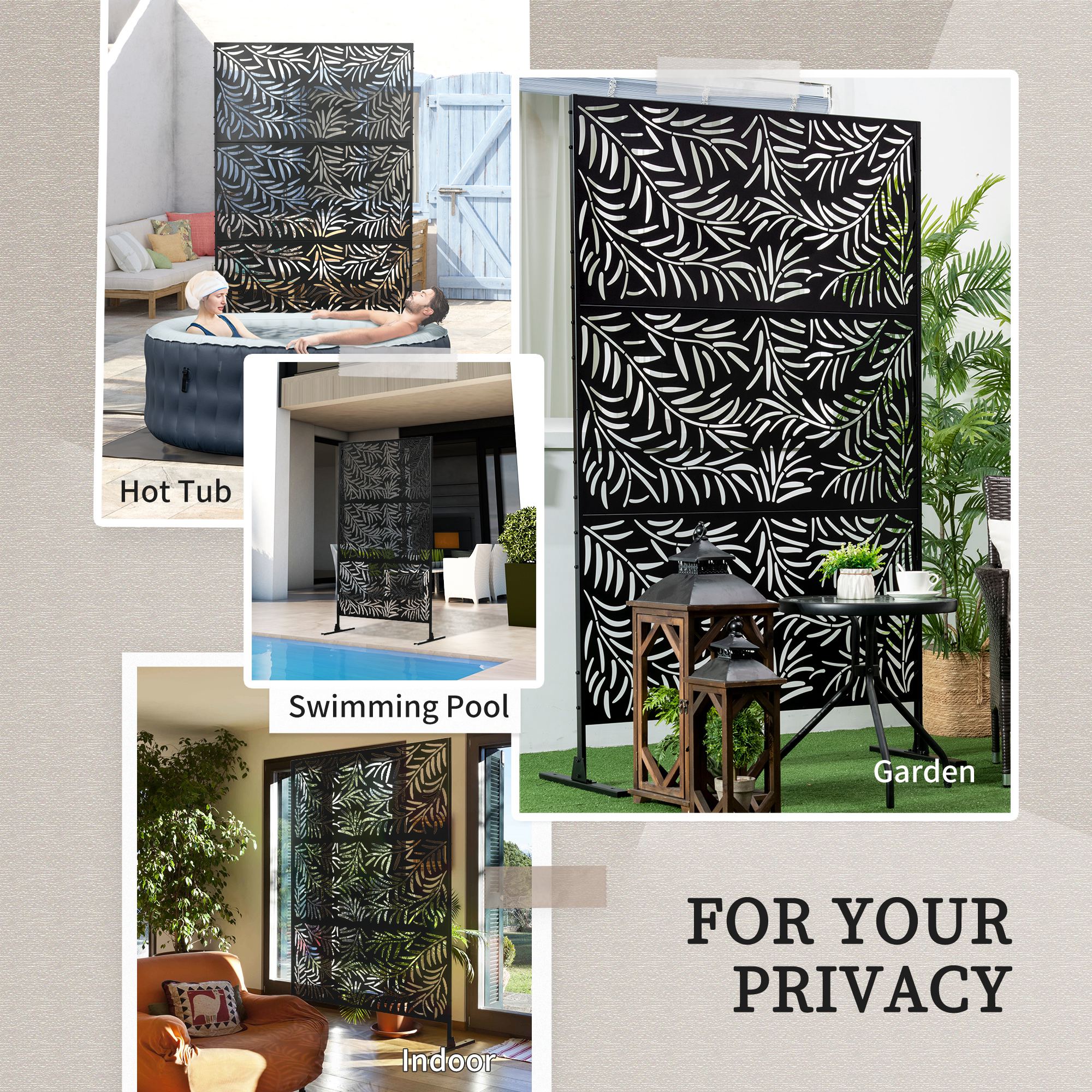 Outsunny Decorative Privacy Screen with Stand, 6.5FT Freestanding Metal Outdoor Divider, Decorative Privacy Panel with Expansion Screws for Garden Patio Pool Hot Tub, Willow Branch Style, Black - North Peak Garden Furniture