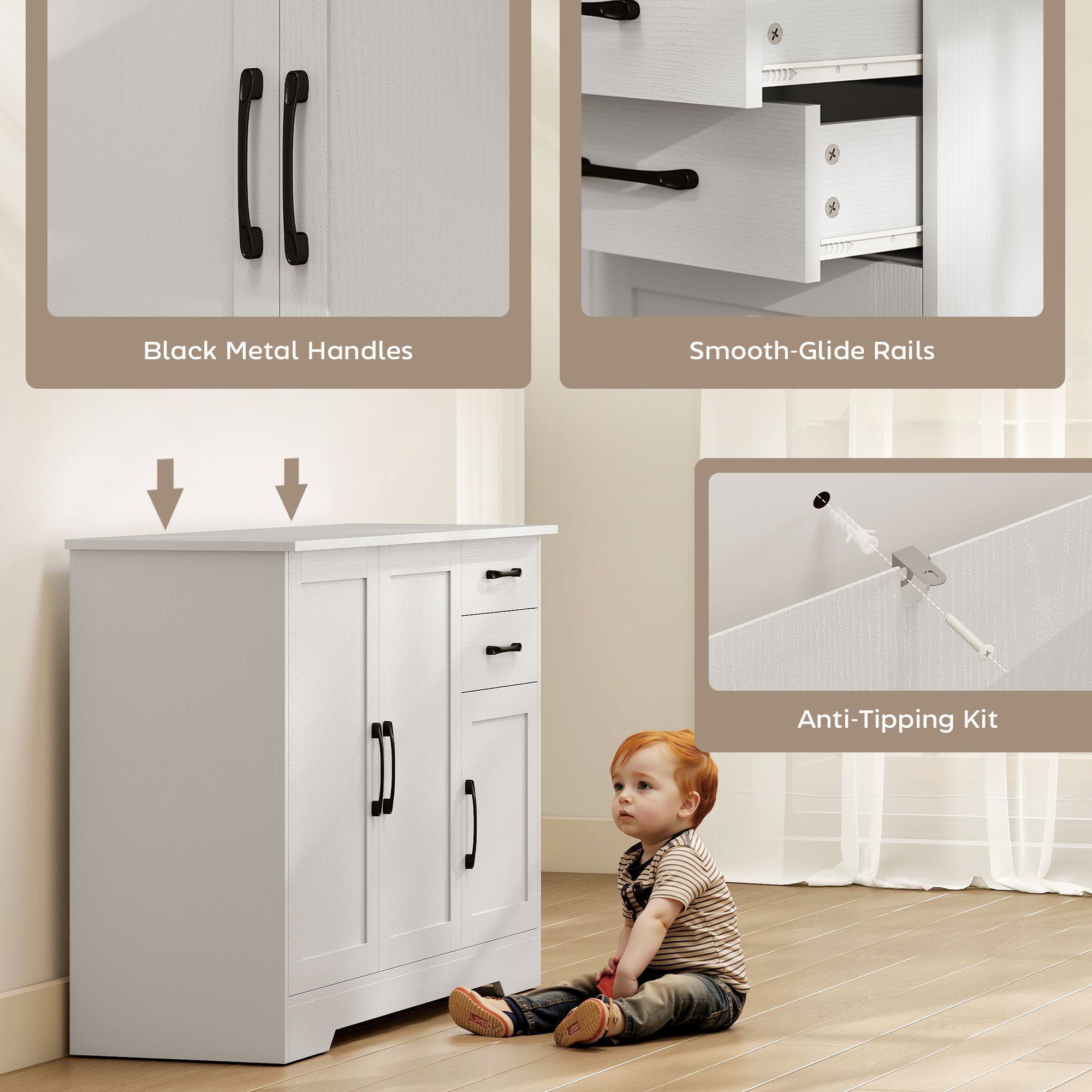 HOMCOM Sideboard with 2 Drawers Modern Storage Cabinet, Kitchen Cupboard with Adjustable Shelf and 3 Doors White