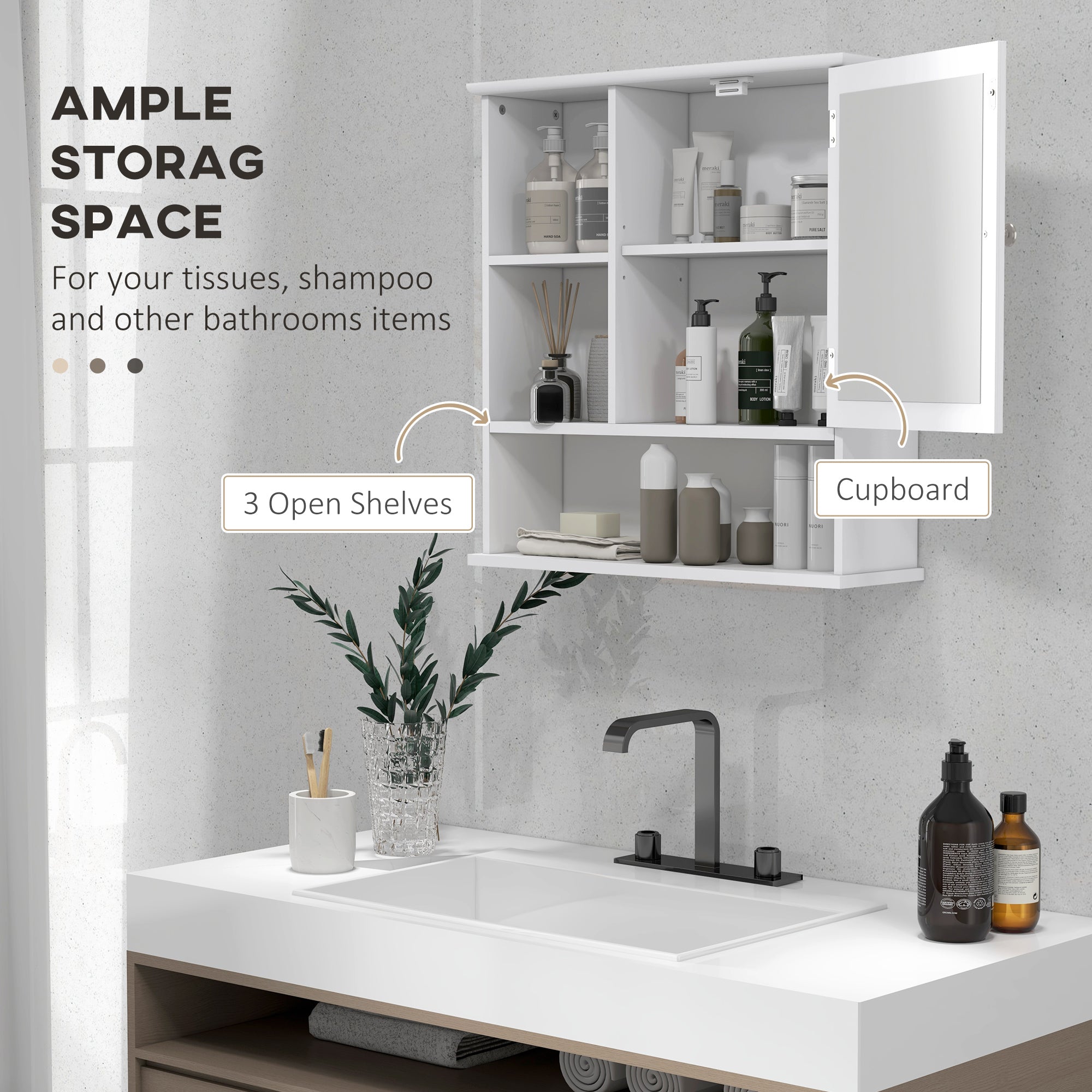 kleankin Bathroom Cabinet, Wall Mount Storage Organizer with Mirror, Adjustable Shelf for Bathroom, Kitchen, Bedroom, White - North Peak Garden Furniture
