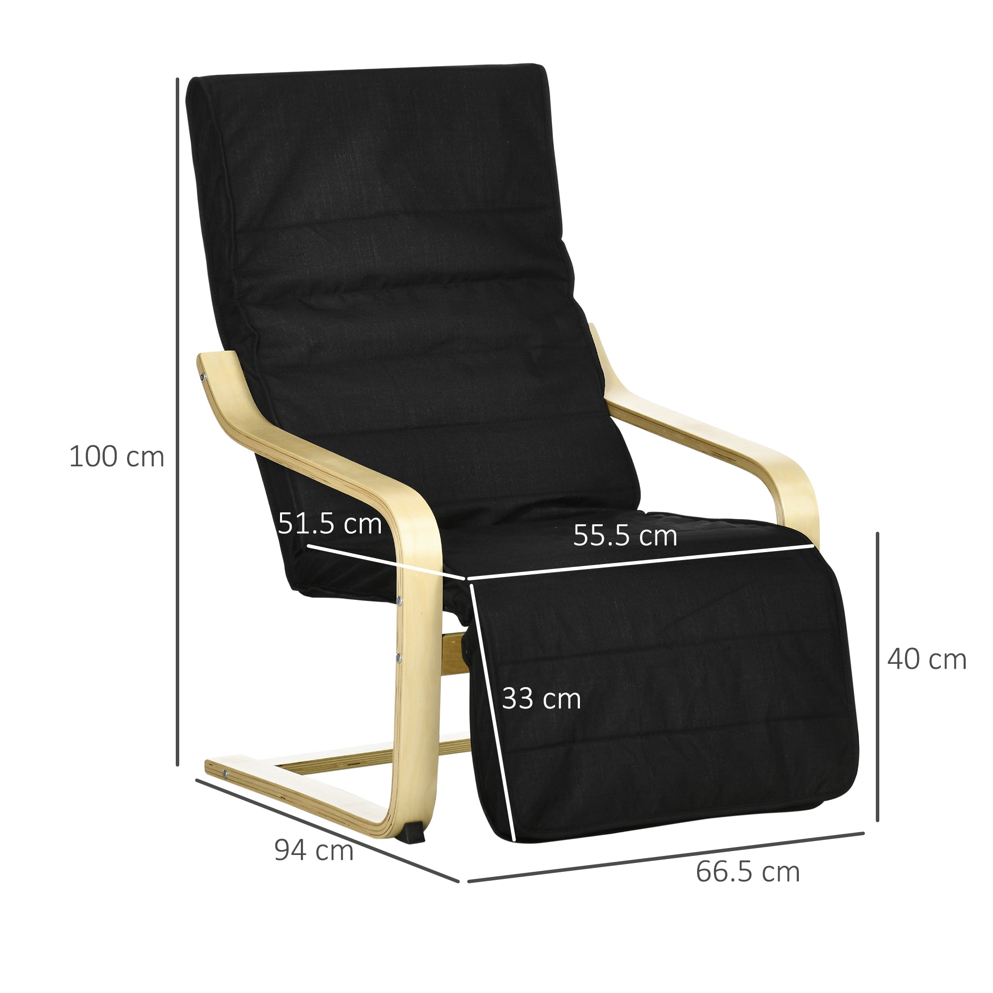 HOMCOM Wooden Lounging Chair Deck Relaxing Recliner Lounge Seat with Adjustable Footrest & Removable Cushion Cover, Black - North Peak Garden Furniture