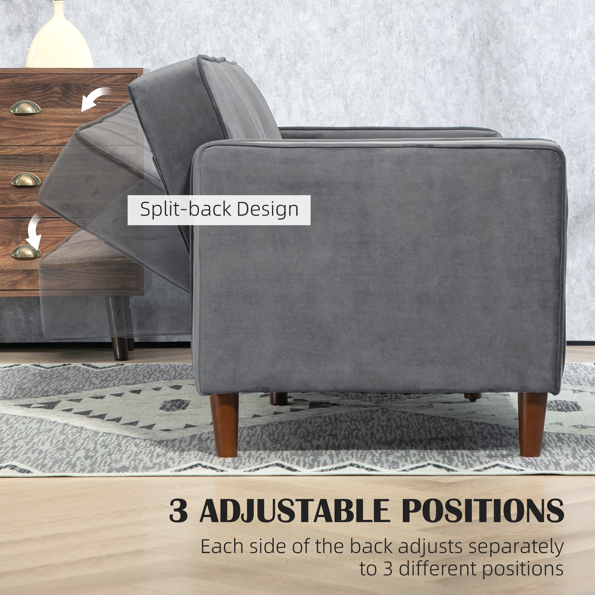 HOMCOM Velvet-Feel Three-Seater Sofa Bed - Dark Grey - North Peak Garden Furniture