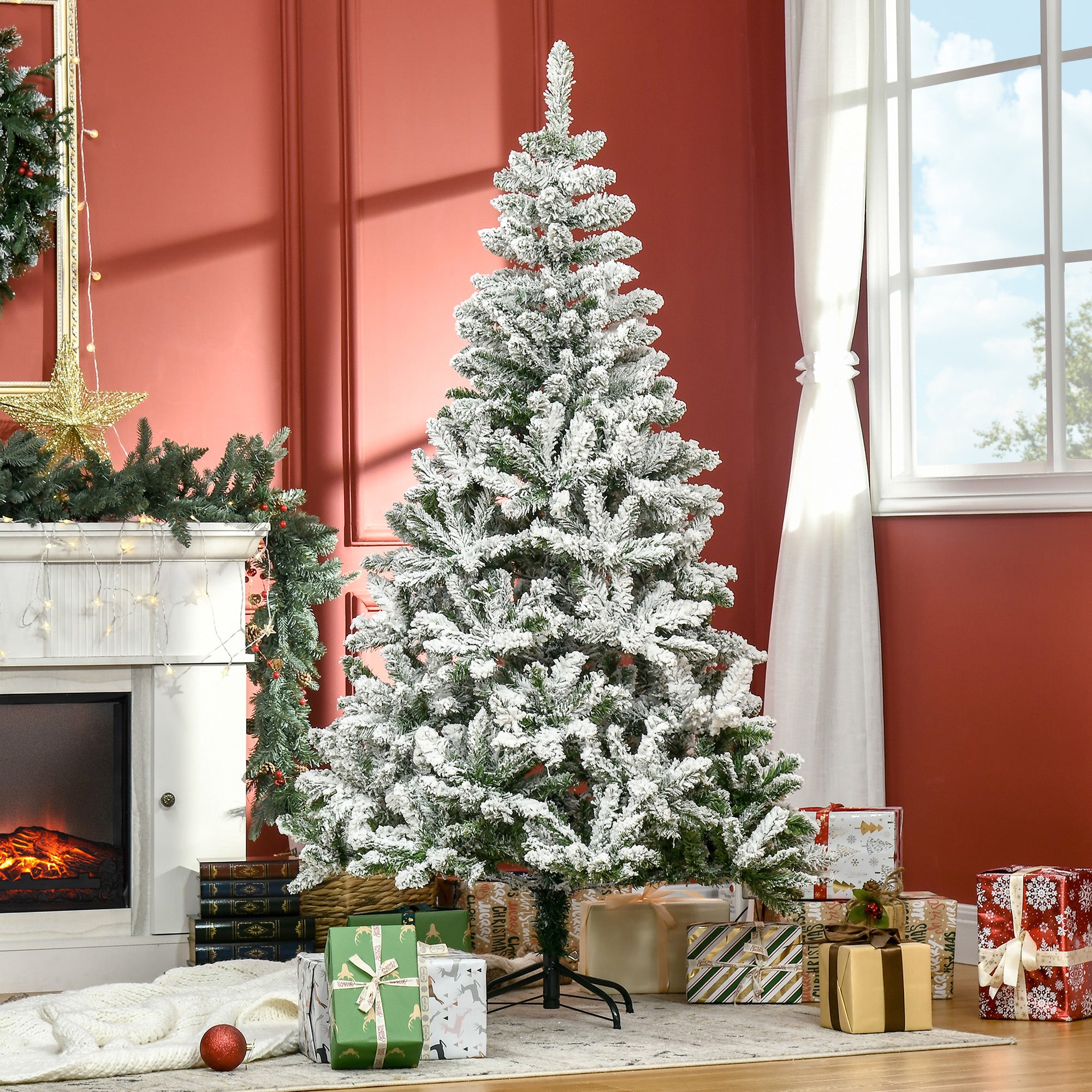 HOMCOM 6 Ft Snow Flocked Artificial Christmas Tree Xmas Pine Tree with Realistic Branches, Auto Open and Steel Base, Green - North Peak Garden Furniture