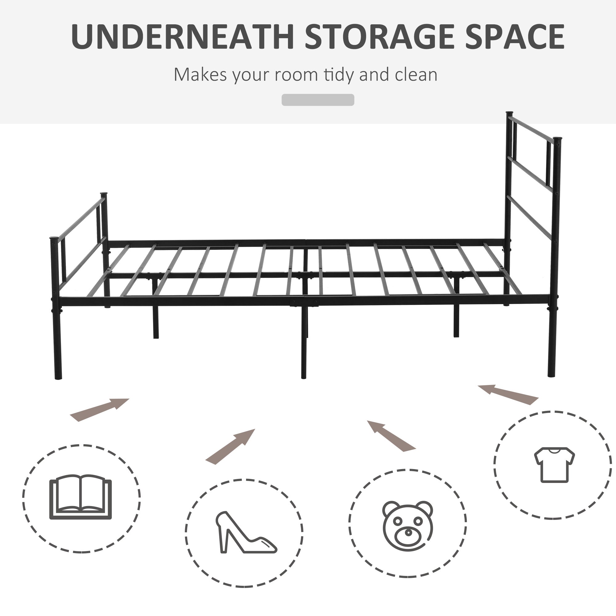 HOMCOM King Metal Bed Frame Solid Bedstead Base with Headboard and Footboard, Metal Slat Support and Underbed Storage Space, Bedroom Furniture, Black - North Peak Garden Furniture
