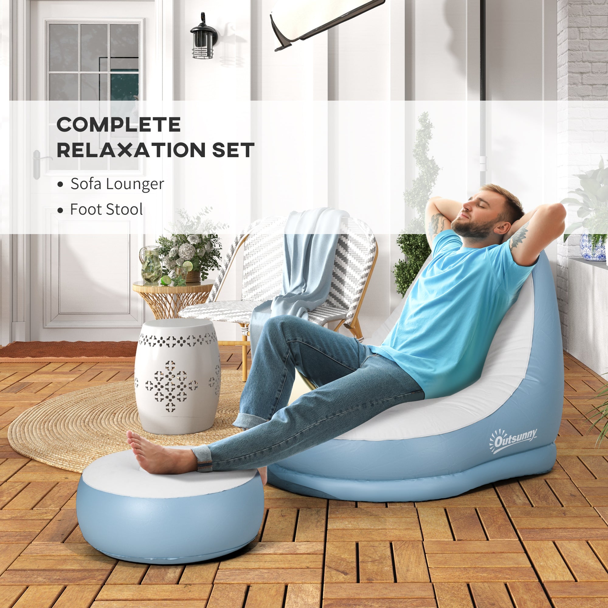Outsunny Inflatable Tub Chair and Footstool - Blue/White - North Peak Garden Furniture