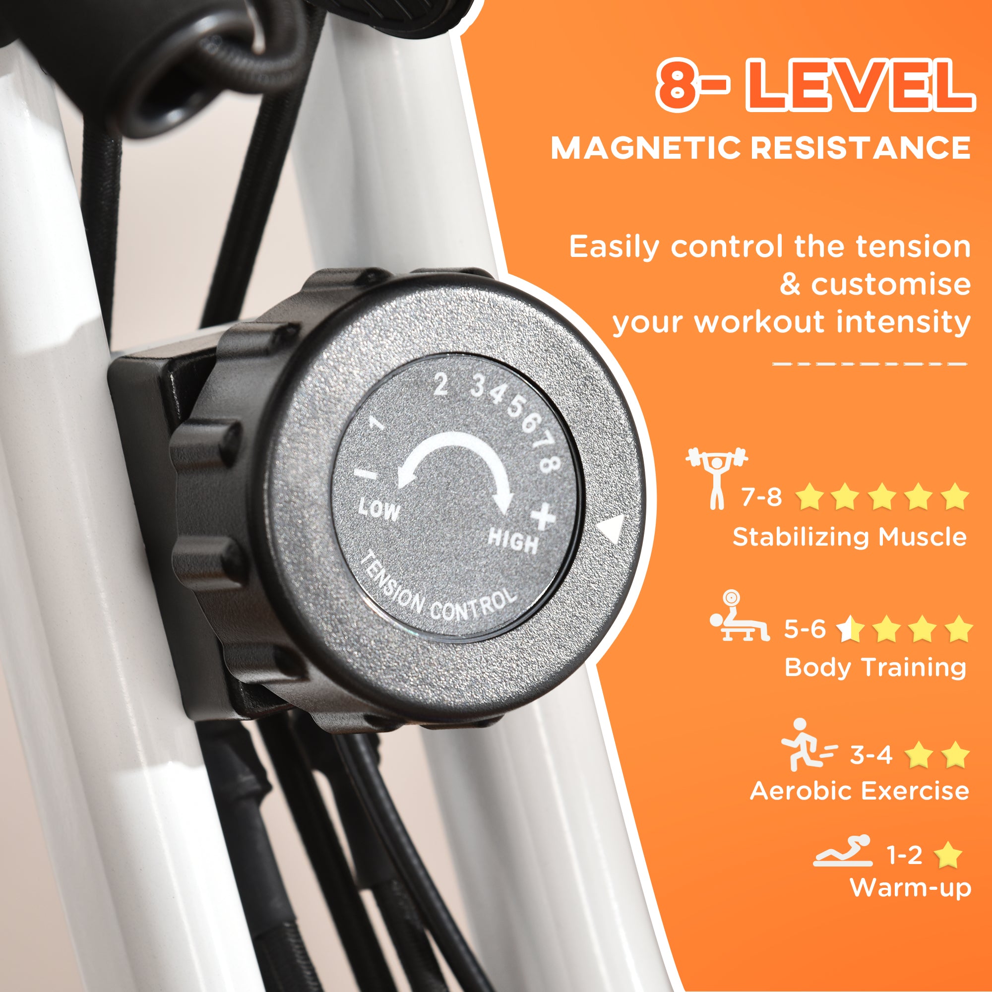 HOMCOM 2-in-1 Folding Exercise Bike with 8-Level Magnetic Resistance, Arm Resistance Band, Pulse Sensor, Orange - North Peak Garden Furniture