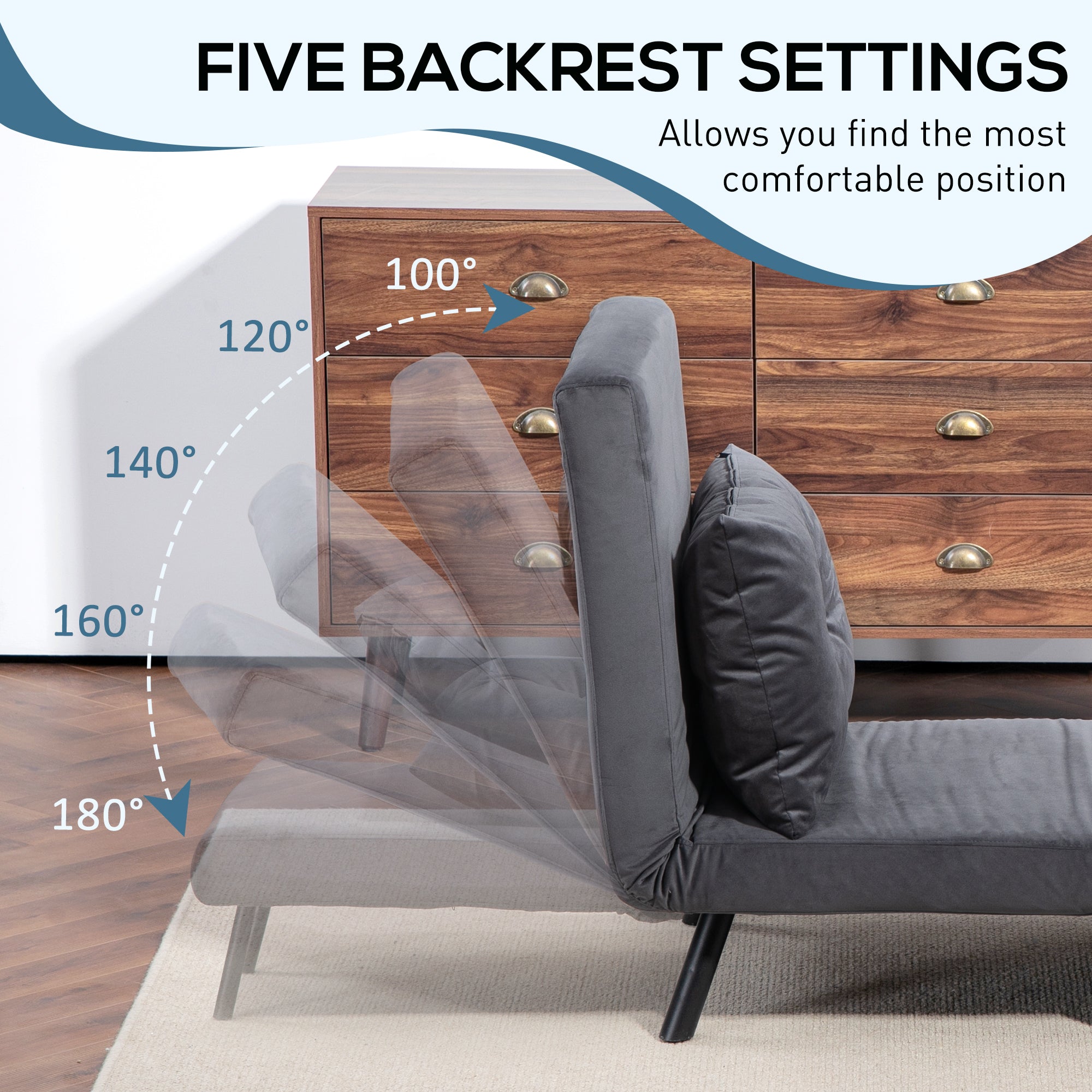 HOMCOM 4-in-1 Velvet-Feel Single Chair Bed, with Pillow - Charcoal Grey - North Peak Garden Furniture
