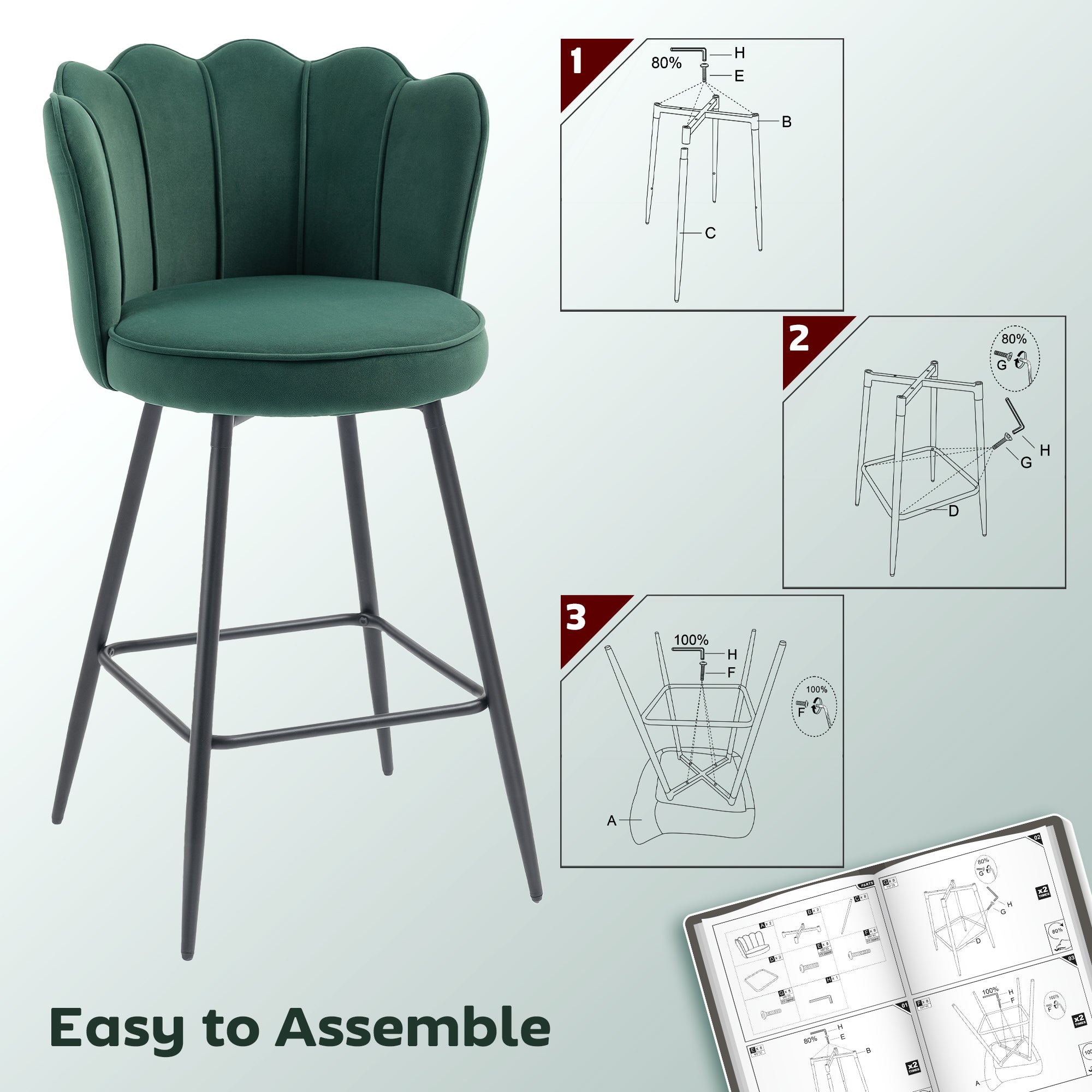 HOMCOM Set of Two Velvet-Feel Lotus Bar Stools - Dark Green