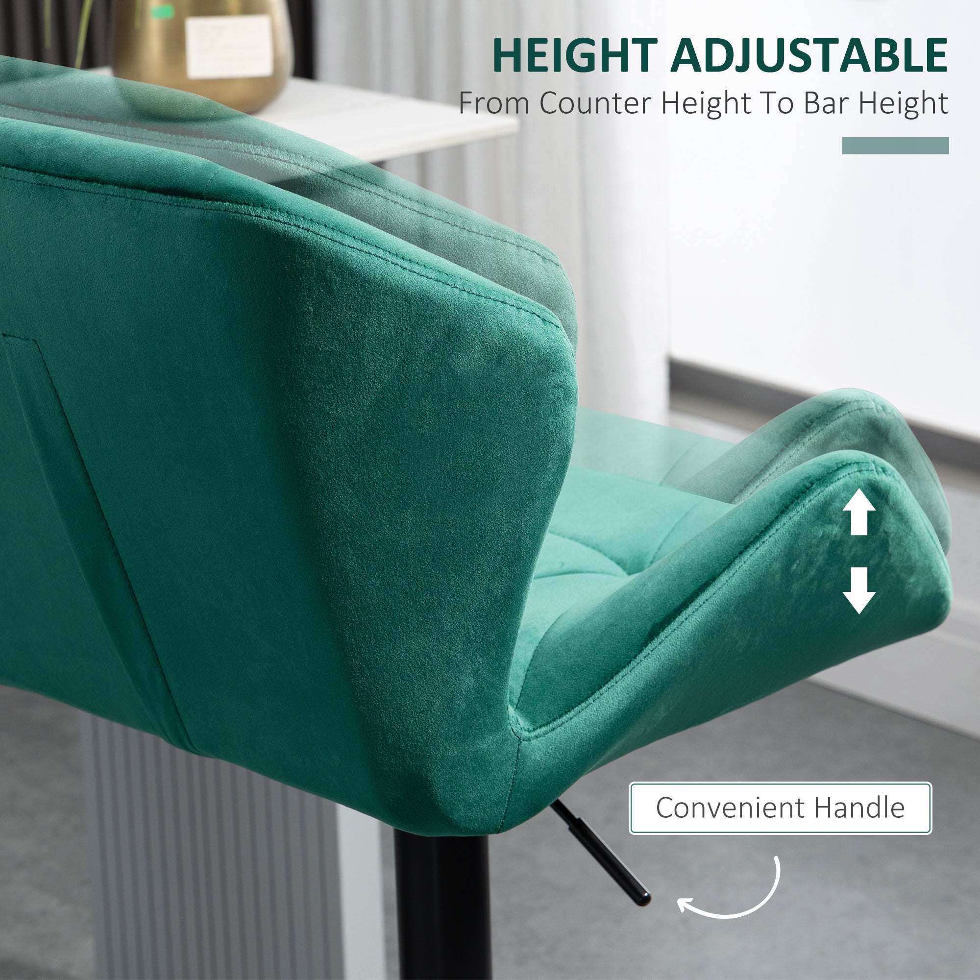 HOMCOM Bar Stools Set Of 2, Luxurious Velvet-Touch Barstools with Metal Frame Footrest Round Base Triangle Indenting Moulded Seat Adjustable Height Swivel Green - North Peak Garden Furniture