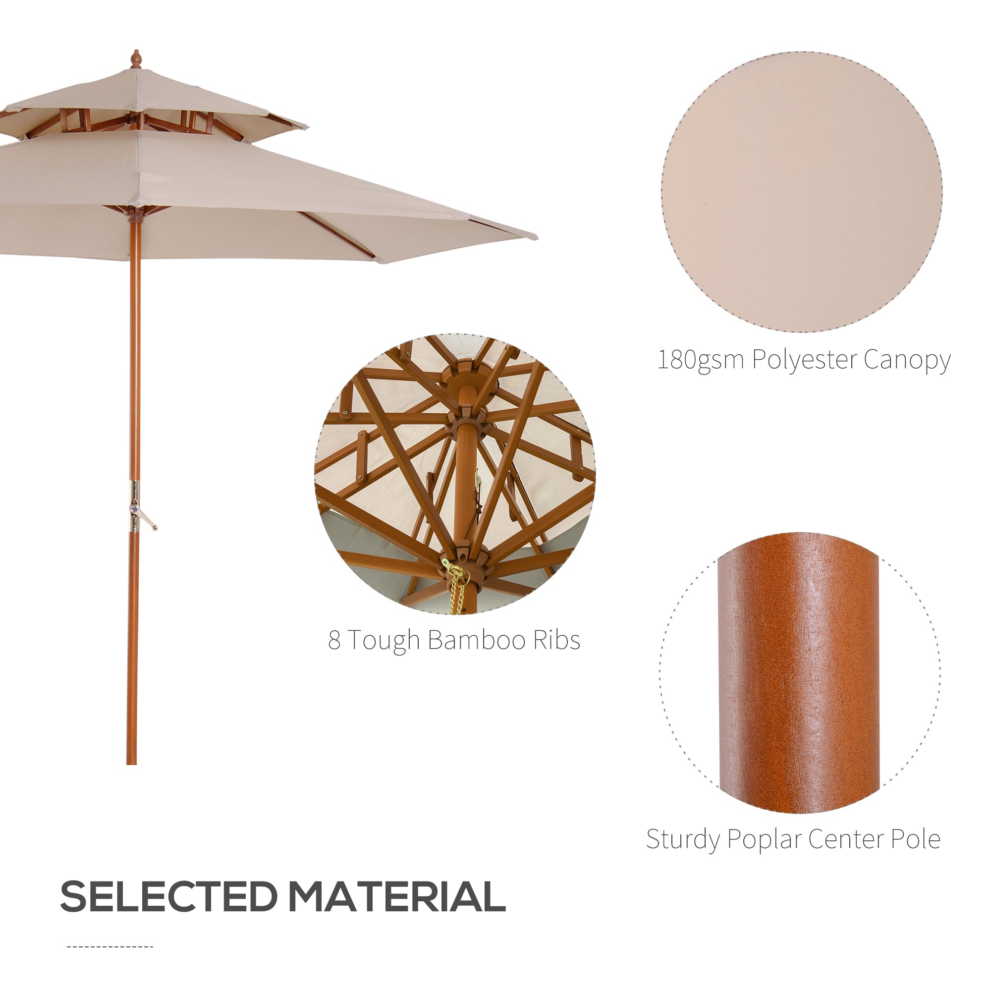 Outsunny 2.7m Elegant Wooden Frame Parasol Umbrella - Beige - North Peak Garden Furniture