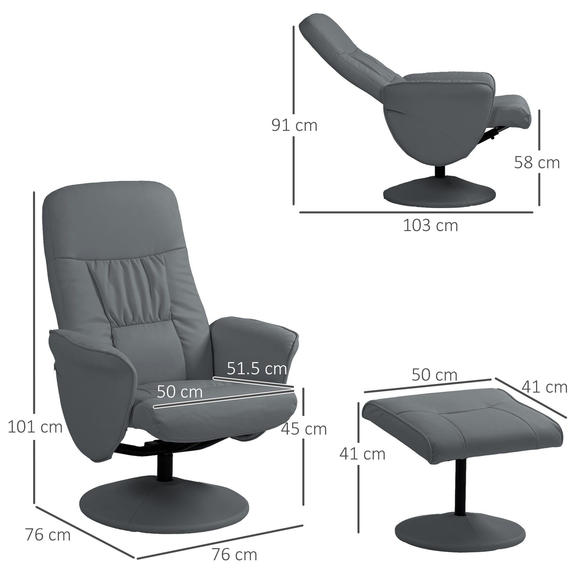 HOMCOM Swivel Recliner Chair with Footstool, PU Leather Armchair and Ottoman with High Back and Round Base for Living Room, Grey - North Peak Garden Furniture