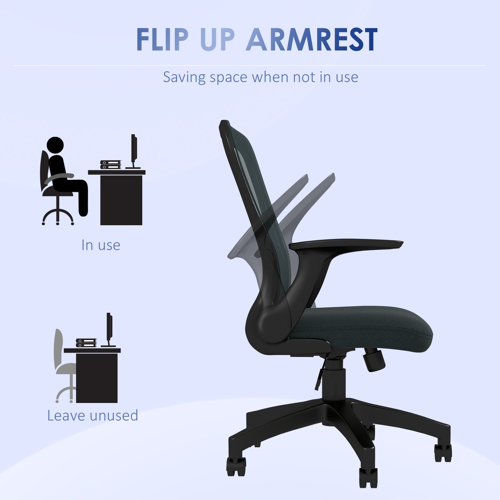 Vinsetto Ergonomic Office Chair, Mesh Desk Chair with Flip-up Armrest, Lumbar Back Support, Swivel Wheels, Grey - North Peak Garden Furniture