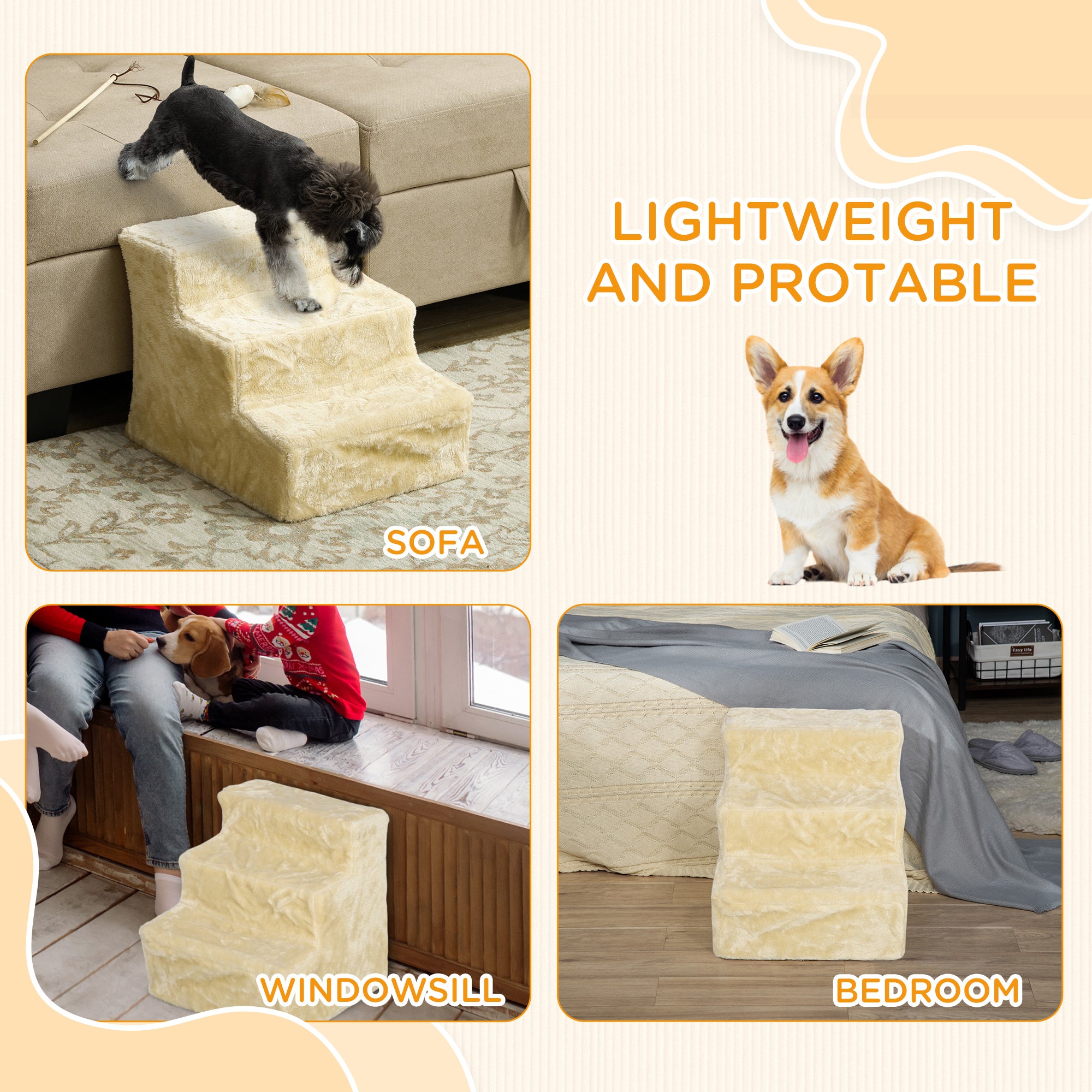PawHut Three-Step Dog Stairs, with Washable Plush Cover, for High Bed Sofa, Dog Stairs for Small Dog and Cat - Beige - North Peak Garden Furniture