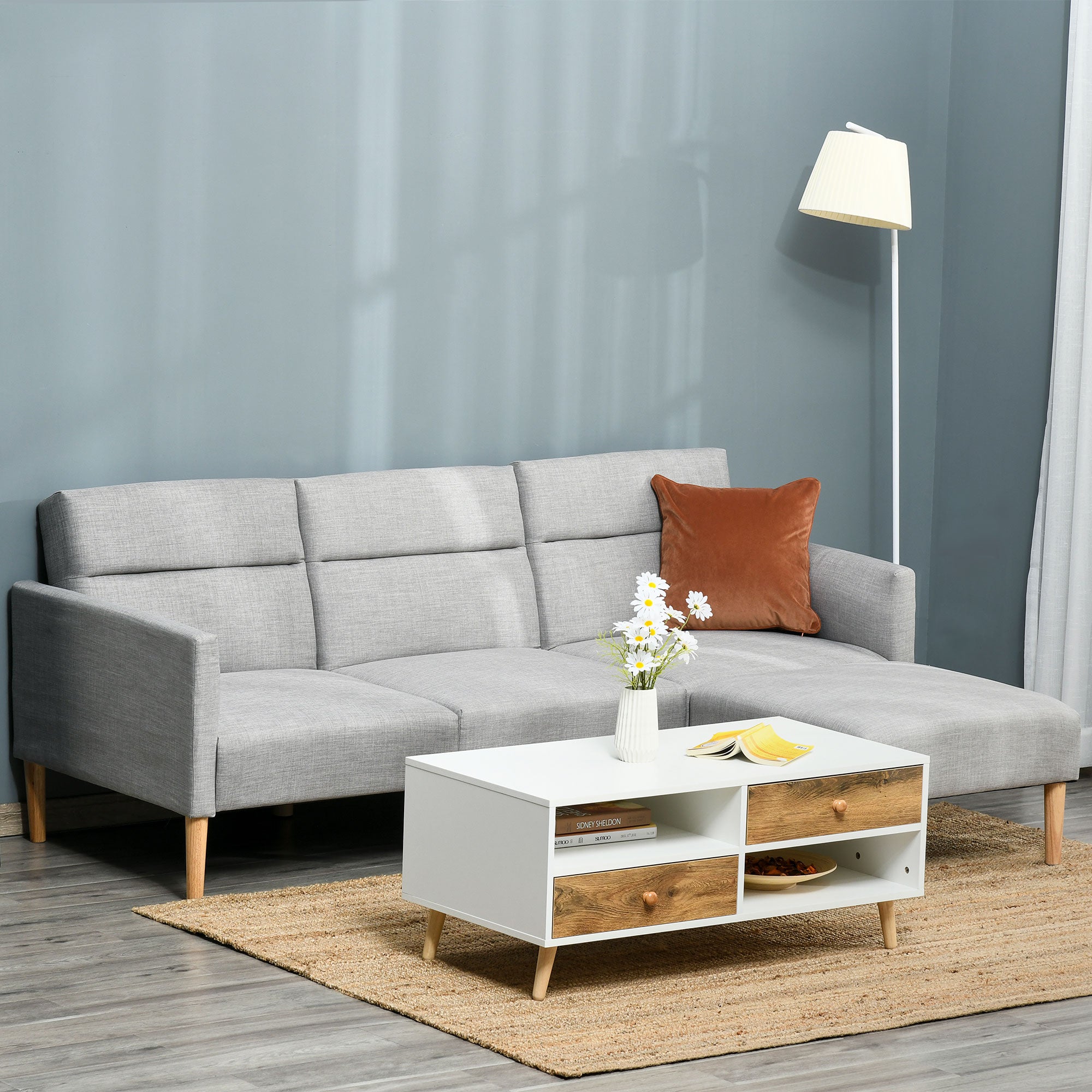 HOMCOM L Shape Sofa Bed Set, Linen Fabric Corner Sofa Bed with Rubber Wood Legs and Footstool, Light Grey - North Peak Garden Furniture