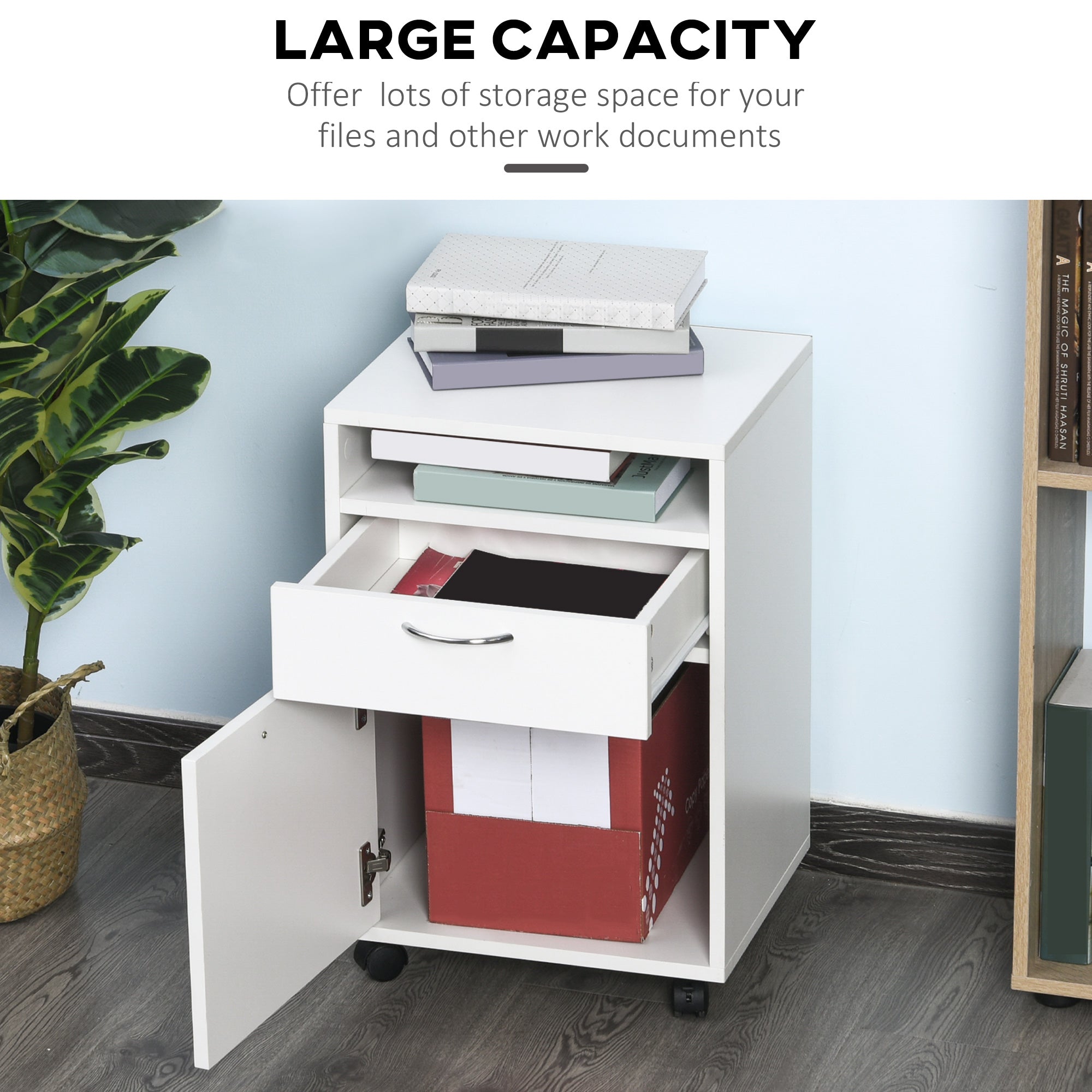 HOMCOM 60cm Storage Cabinet with Drawer, Open Shelf, Metal Handles and 4 Wheels, Office Home Organiser Mobile Printer, White - North Peak Garden Furniture