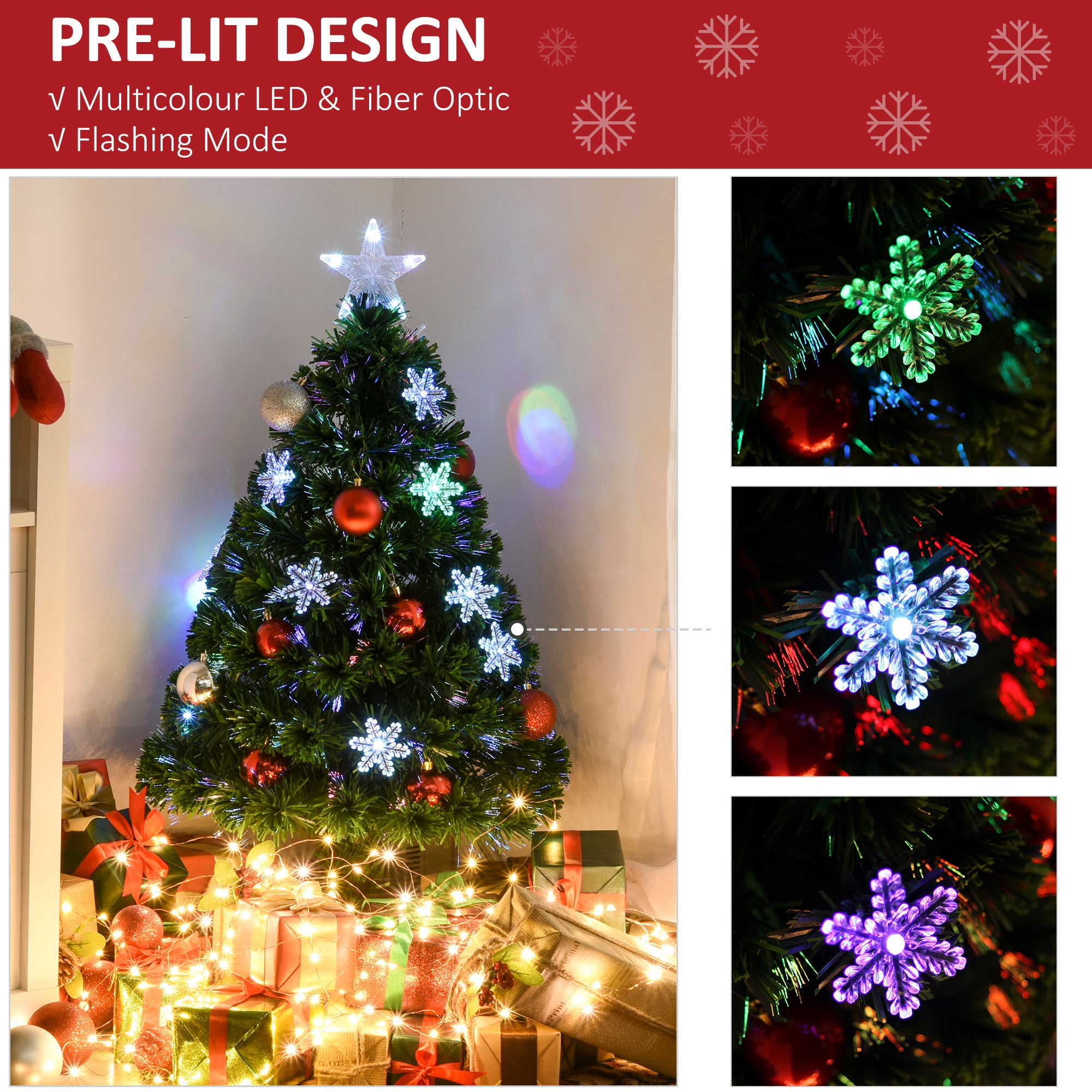 HOMCOM 3FT Green Fibre Optic Artificial Christmas Tree Xmas Colourful LED Scattered Tree with Snowflakes Ornaments Fireproofing - North Peak Garden Furniture