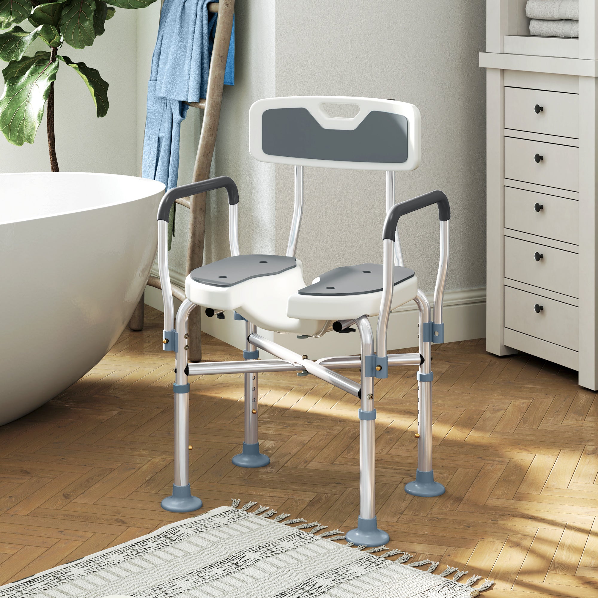 HOMCOM Shower Chair with Upgraded U-shaped Seat and Reinforced Crossbars, Height Adjustable Padded Bath Chair with Non-slip Feet for Elderly Seniors Disabled Handicap, Tool-Free Assembly, Grey - North Peak Garden Furniture